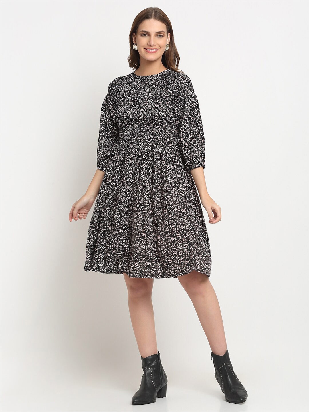 

KALINI Floral Printed Smocked Fit & Flare Dress, Black