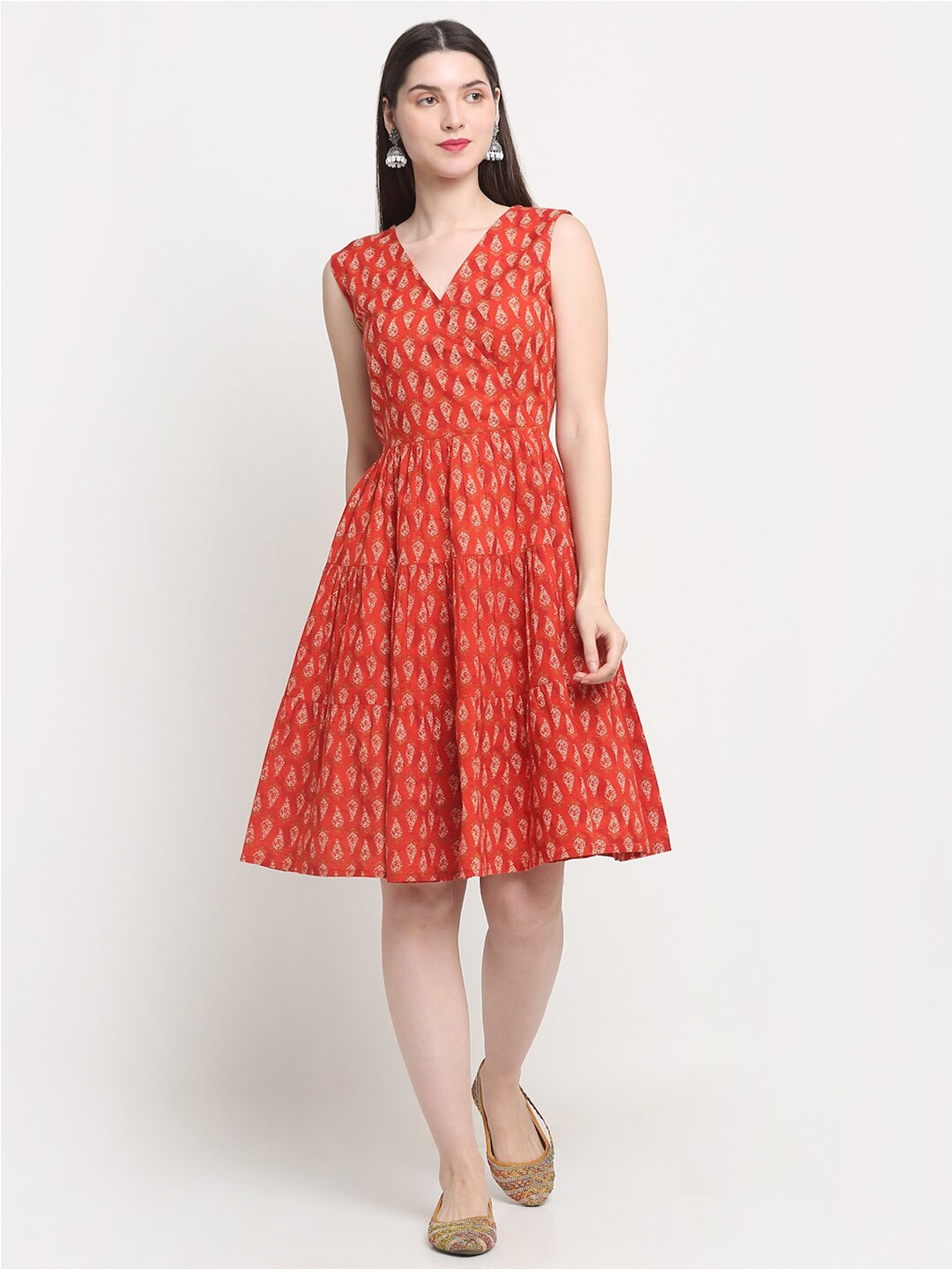 

KALINI Ethnic Motifs Printed Cotton Fit & Flare Midi Dress, Coral
