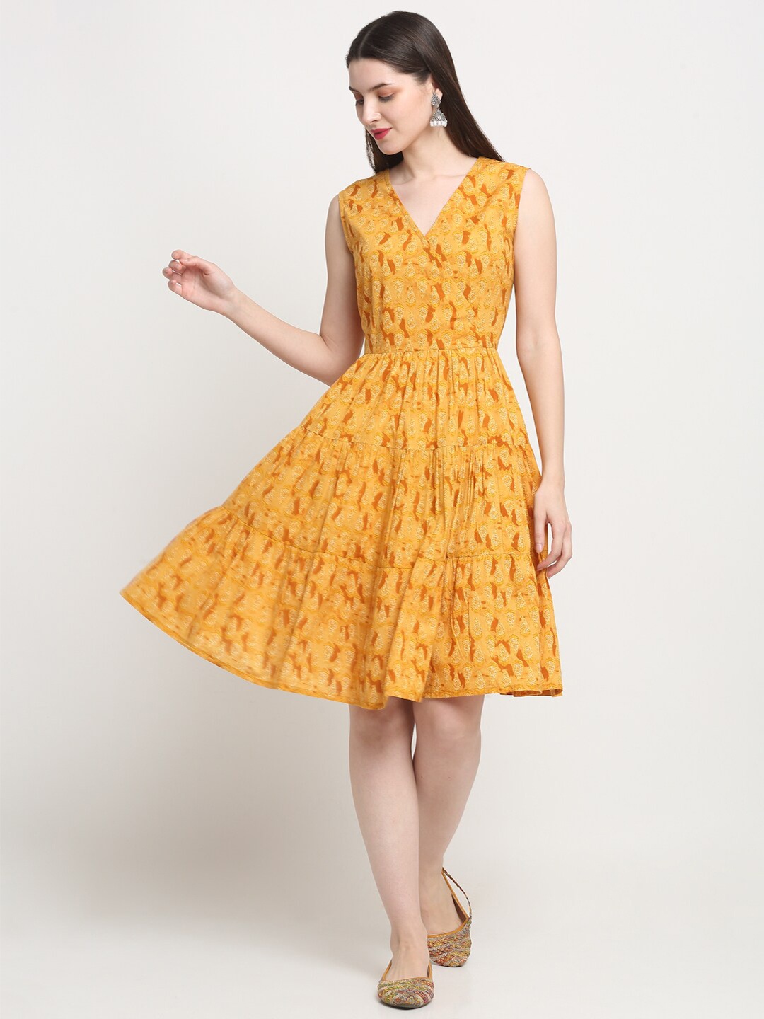 

KALINI Ethnic Motifs Printed Cotton Fit & Flare Midi Dress, Mustard