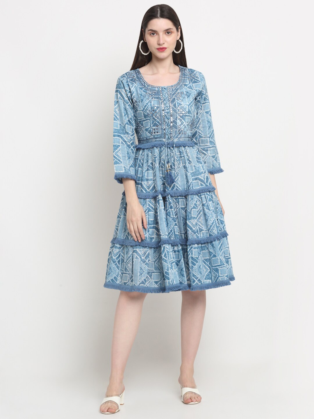 

KALINI Geometric Printed Fringed Cotton Fit & Flare Midi Dress, Blue