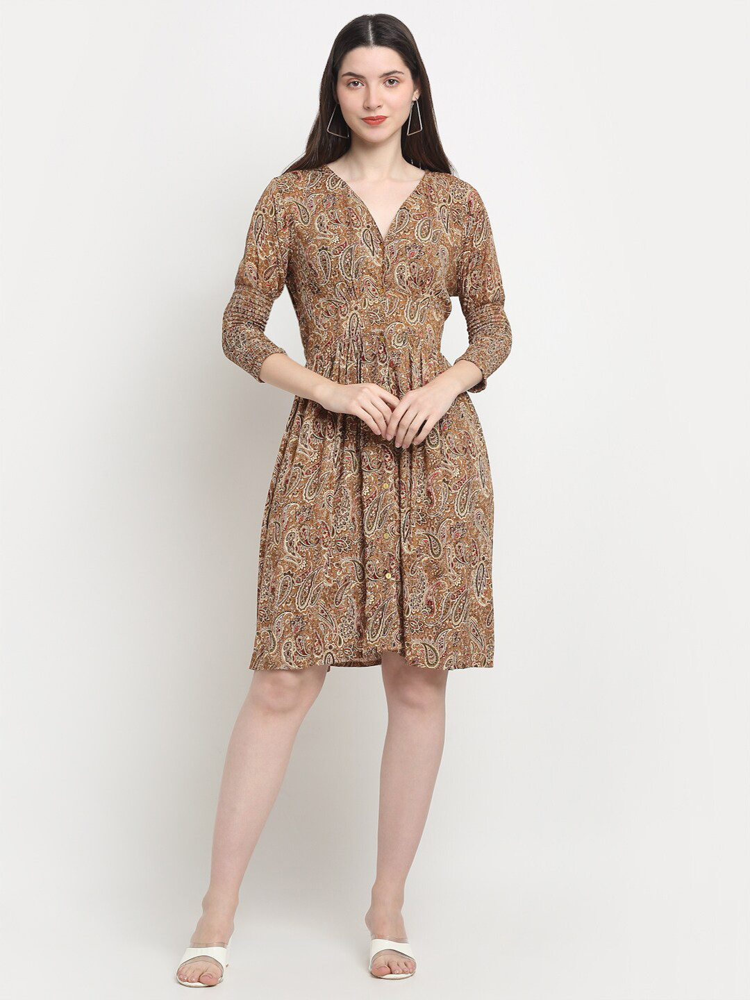 

KALINI Ethnic Motifs Printed Fit & Flare Dress, Mustard