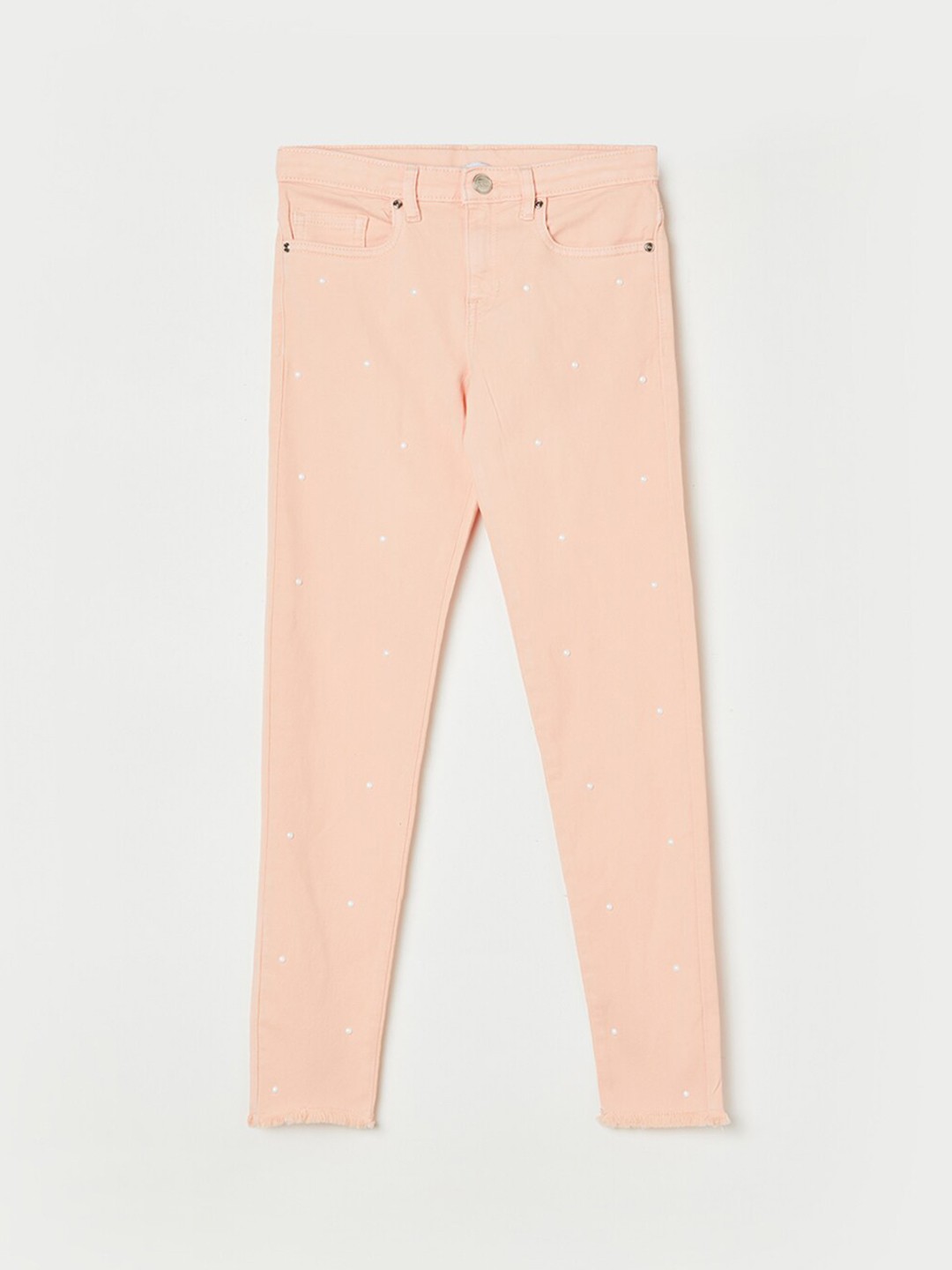 

Fame Forever by Lifestyle Girls Pearl Embellished Mid-Rise Coloured Jeans, Peach