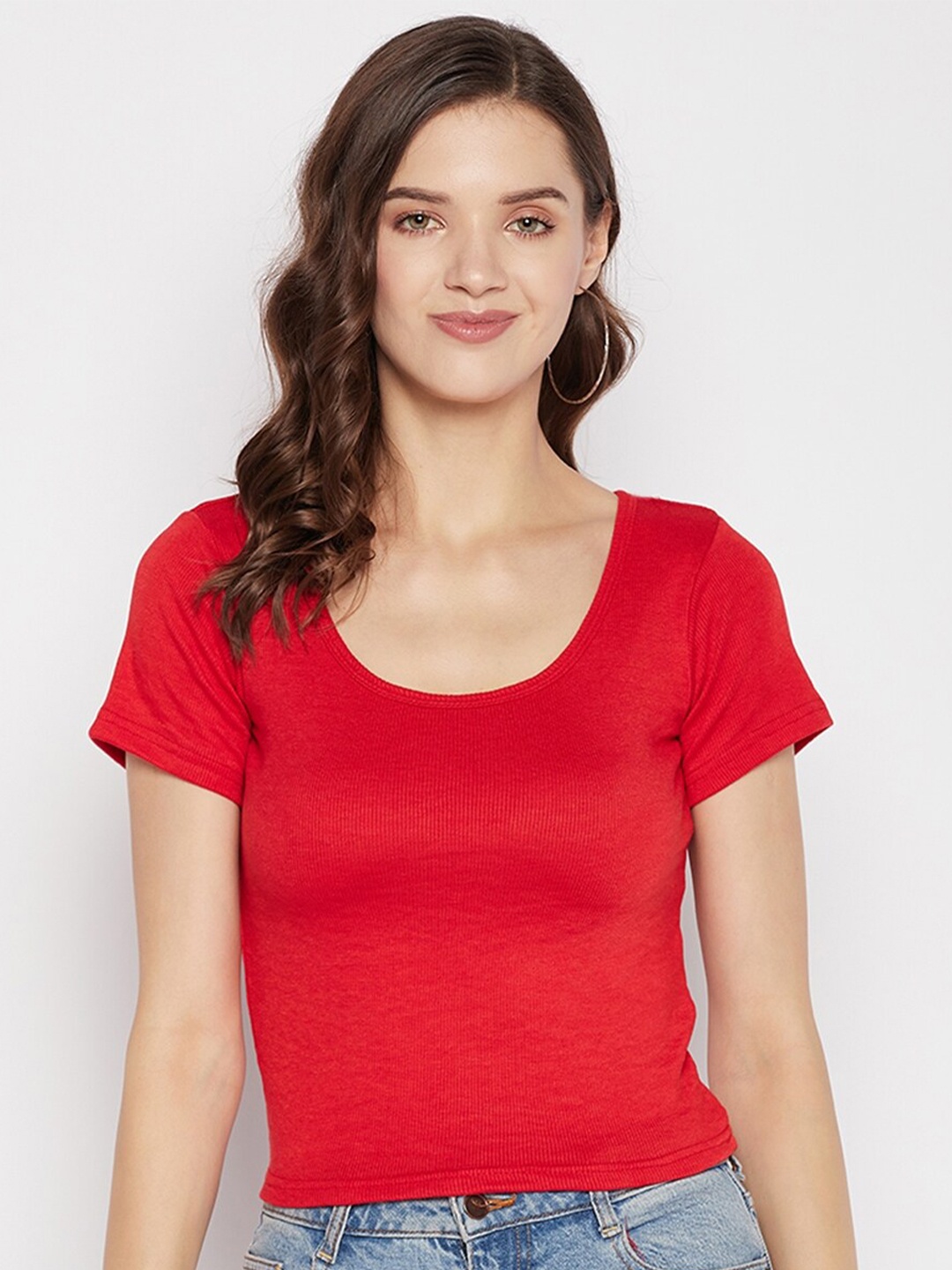 

Clora Creation Scoop Neck Fit Crop Top, Red