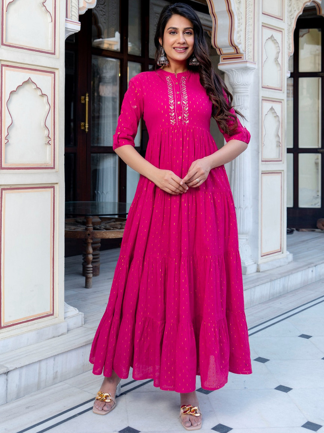 

KALINI Ethnic Motif Printed Embroidered Detail Tiered Fit & Flare Maxi Ethnic Dress, Pink