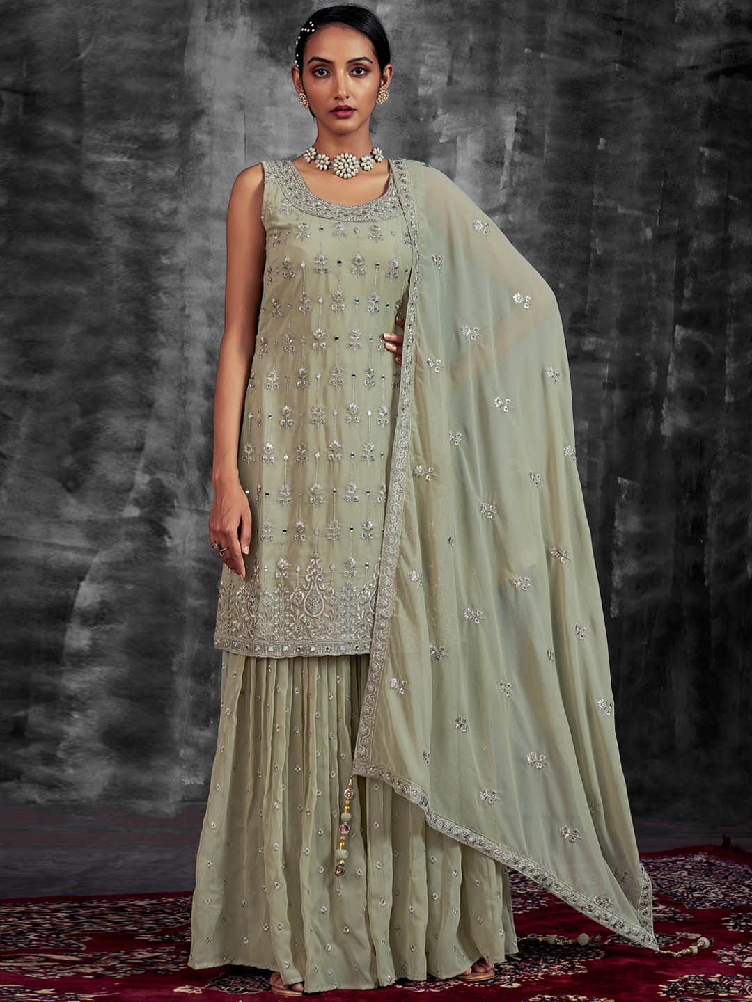 

Fusionic Floral Embroidered Kurta With Sharara & Dupatta, Green