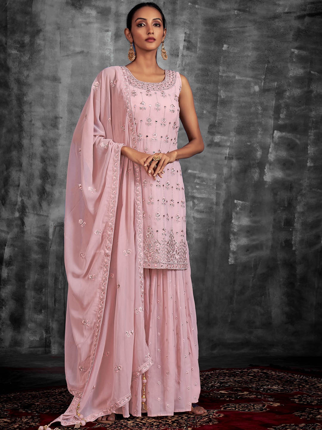 

Fusionic Ethnic Motifs Embroidered Mirror Work Kurti with Sharara & Dupatta, Pink