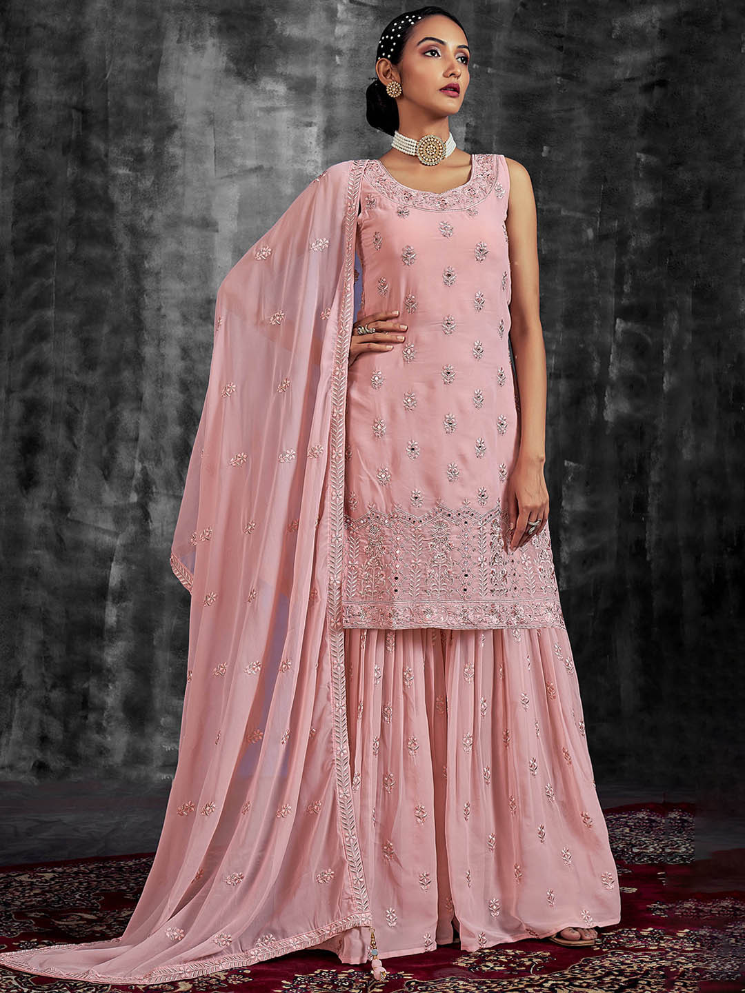 

Fusionic Floral Embroidered Regular Kurta With Sharara & Dupatta, Pink