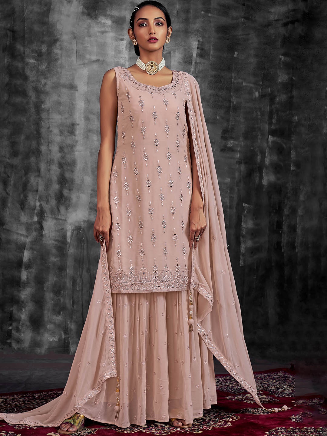 

Fusionic Ethnic Motifs Embroidered Mirror Work Kurti with Sharara & Dupatta, Peach