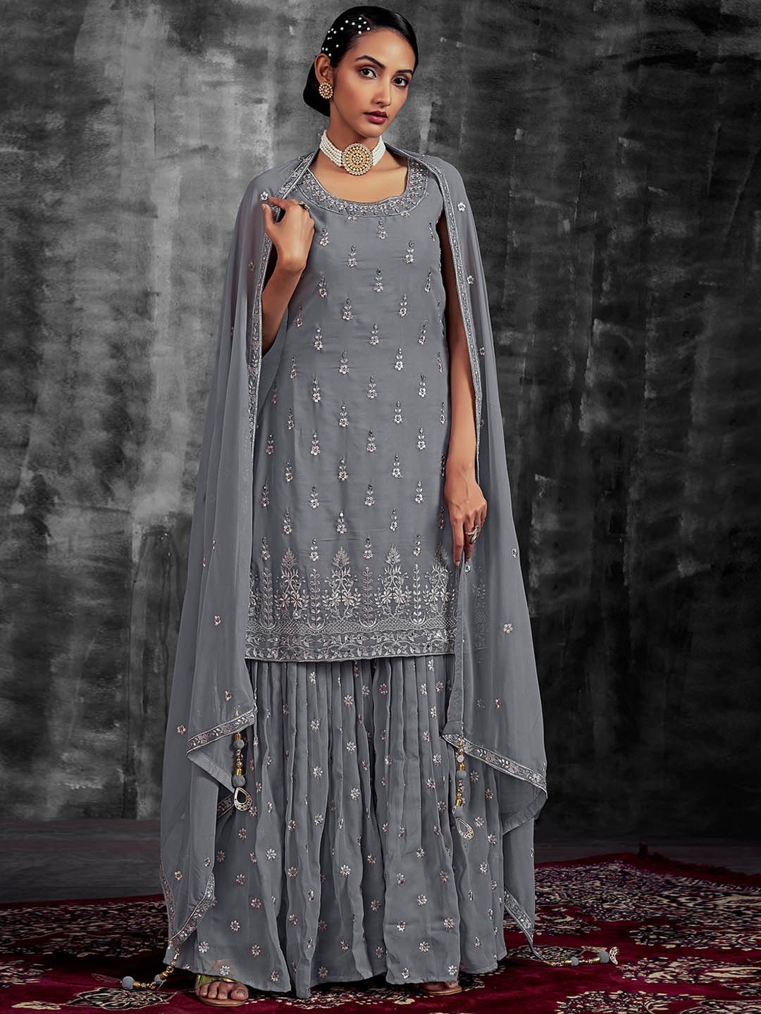 

Fusionic Ethnic Motifs Embroidered Mirror Work Kurti with Sharara & Dupatta, Grey