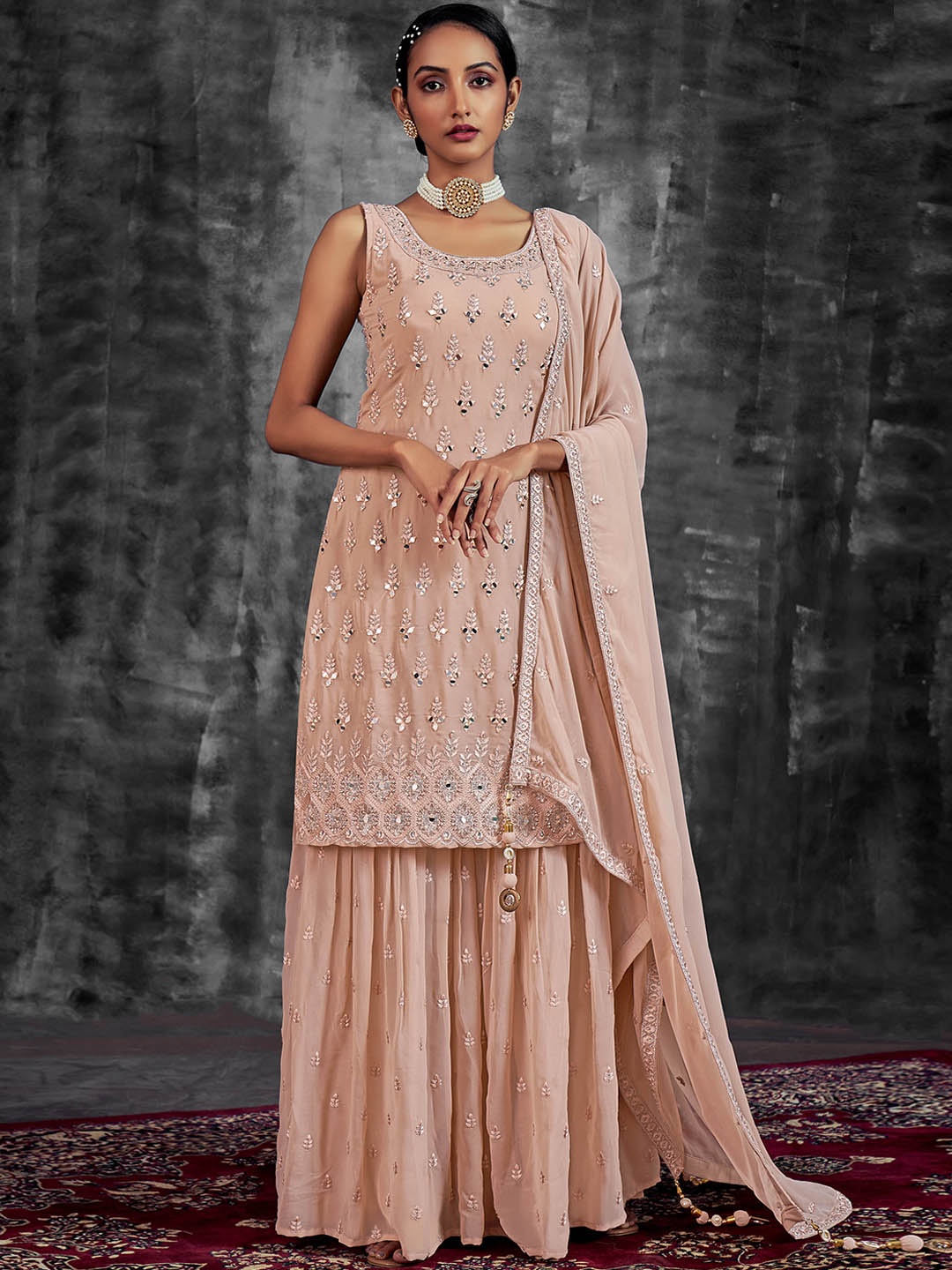 

Fusionic Ethnic Motifs Embroidered Mirror Work Kurti with Sharara & Dupatta, Peach