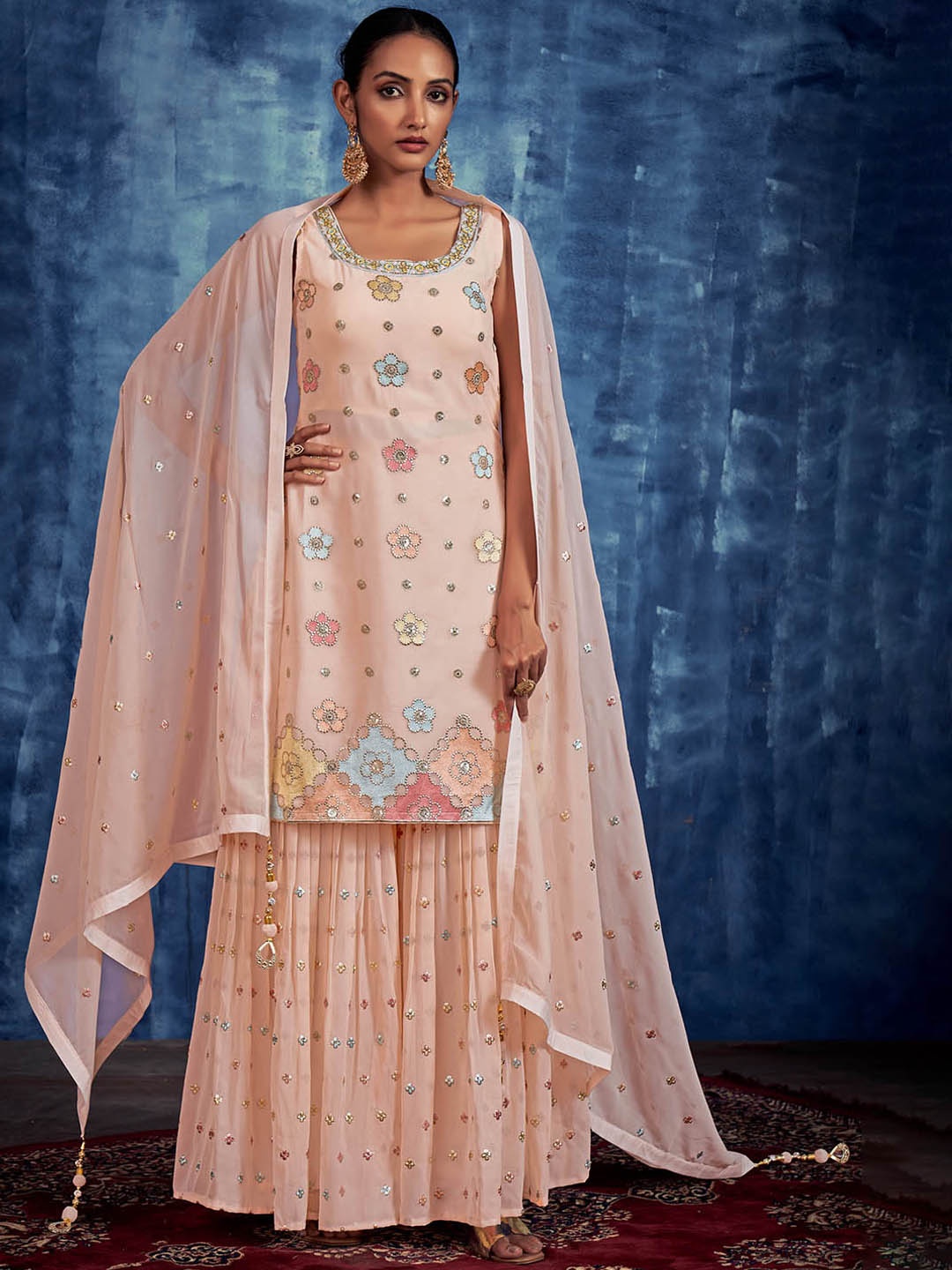 

Fusionic Floral Embroidered Bead Work Georgette Kurta with Sharara & Dupatta, Peach