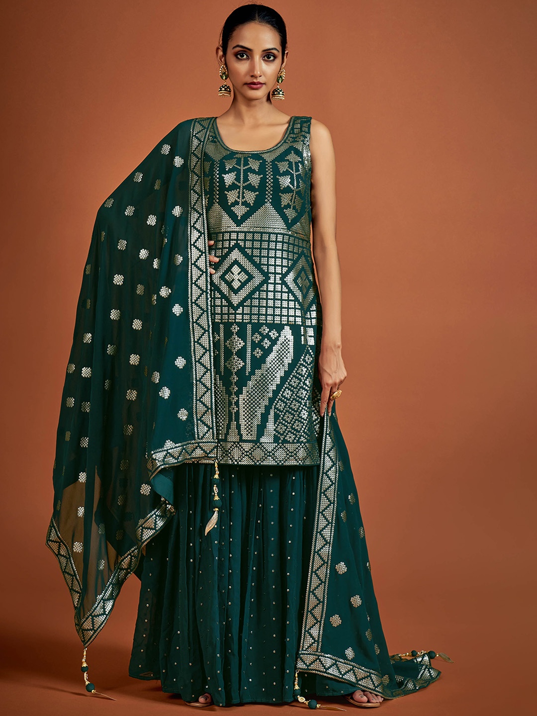 

Fusionic Sequined Georgette Kurta with Sharara & Dupatta, Green