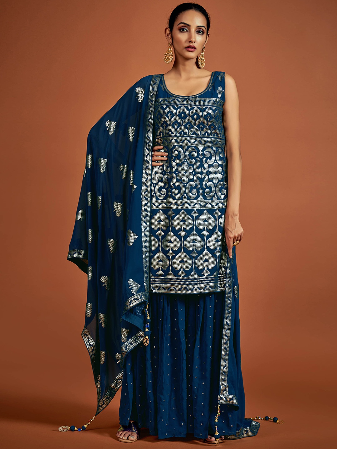 

Fusionic Ethnic Motifs Embroidered Sequined Kurti with Sharara & Dupatta, Navy blue