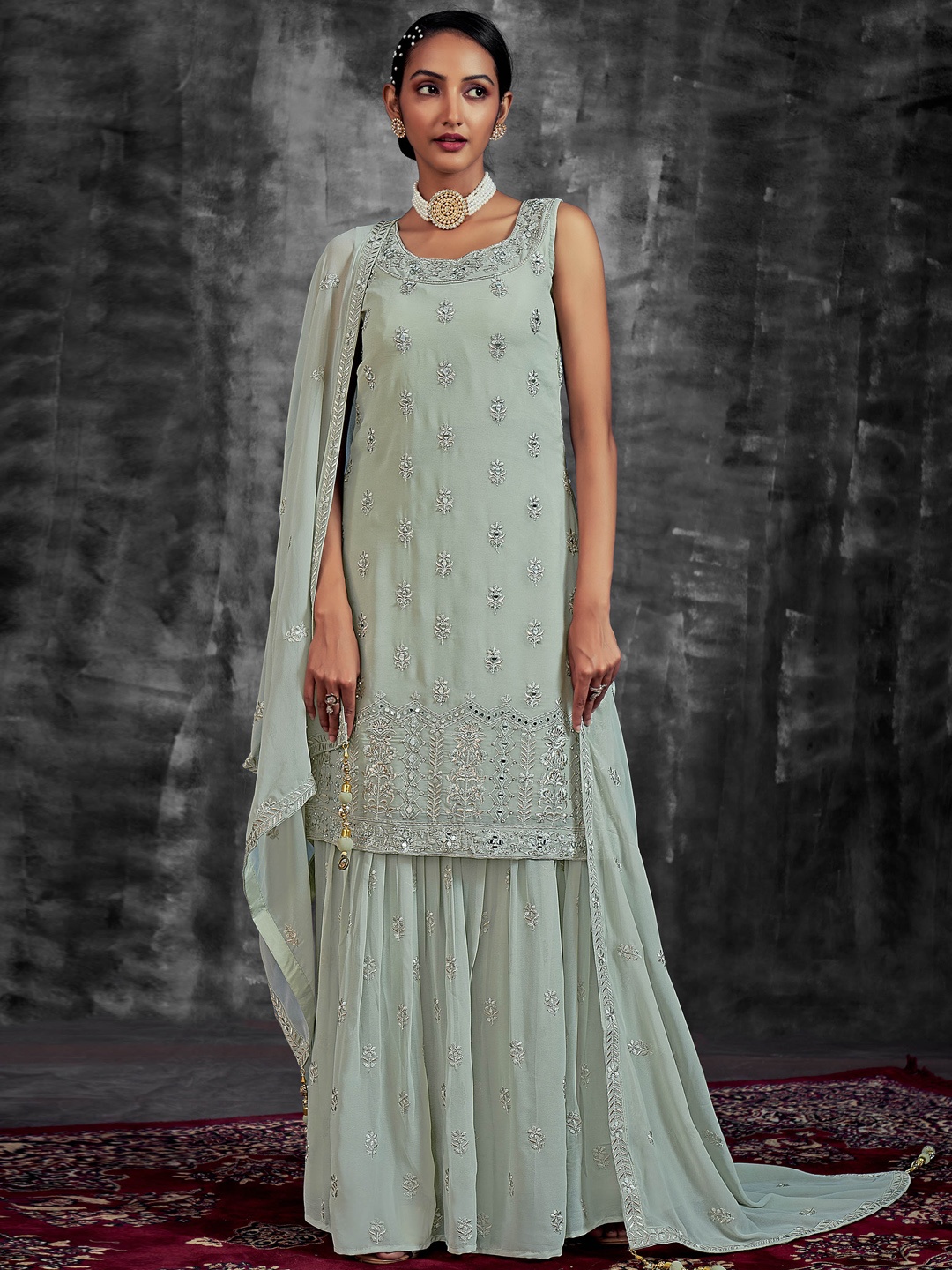 

Fusionic Ethnic Motifs Embroidered Mirror Work Kurti with Sharara & Dupatta, Green