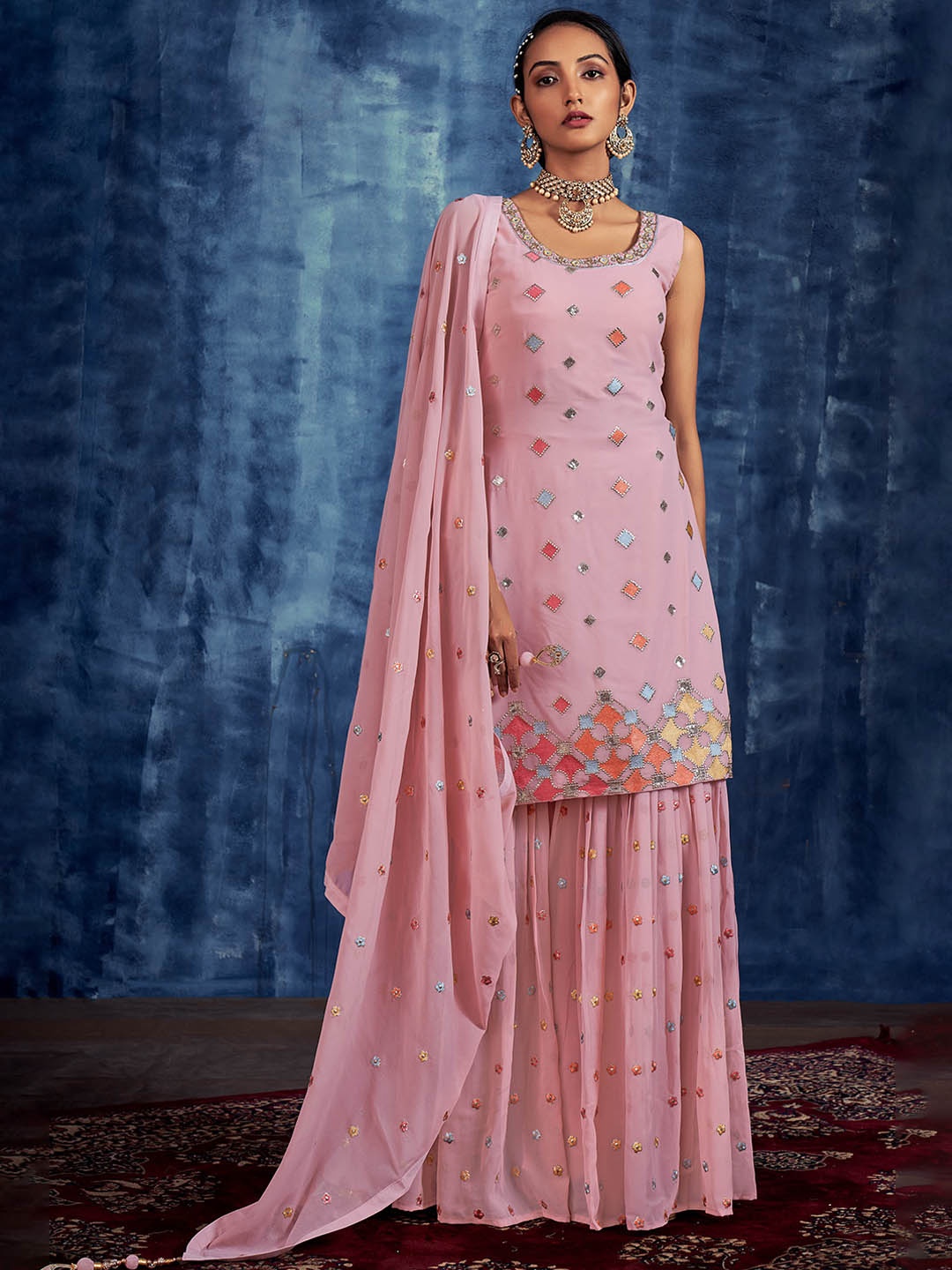 

Fusionic Embroidered Mirror Work Beads & Stones Kurti with Sharara & Dupatta, Pink