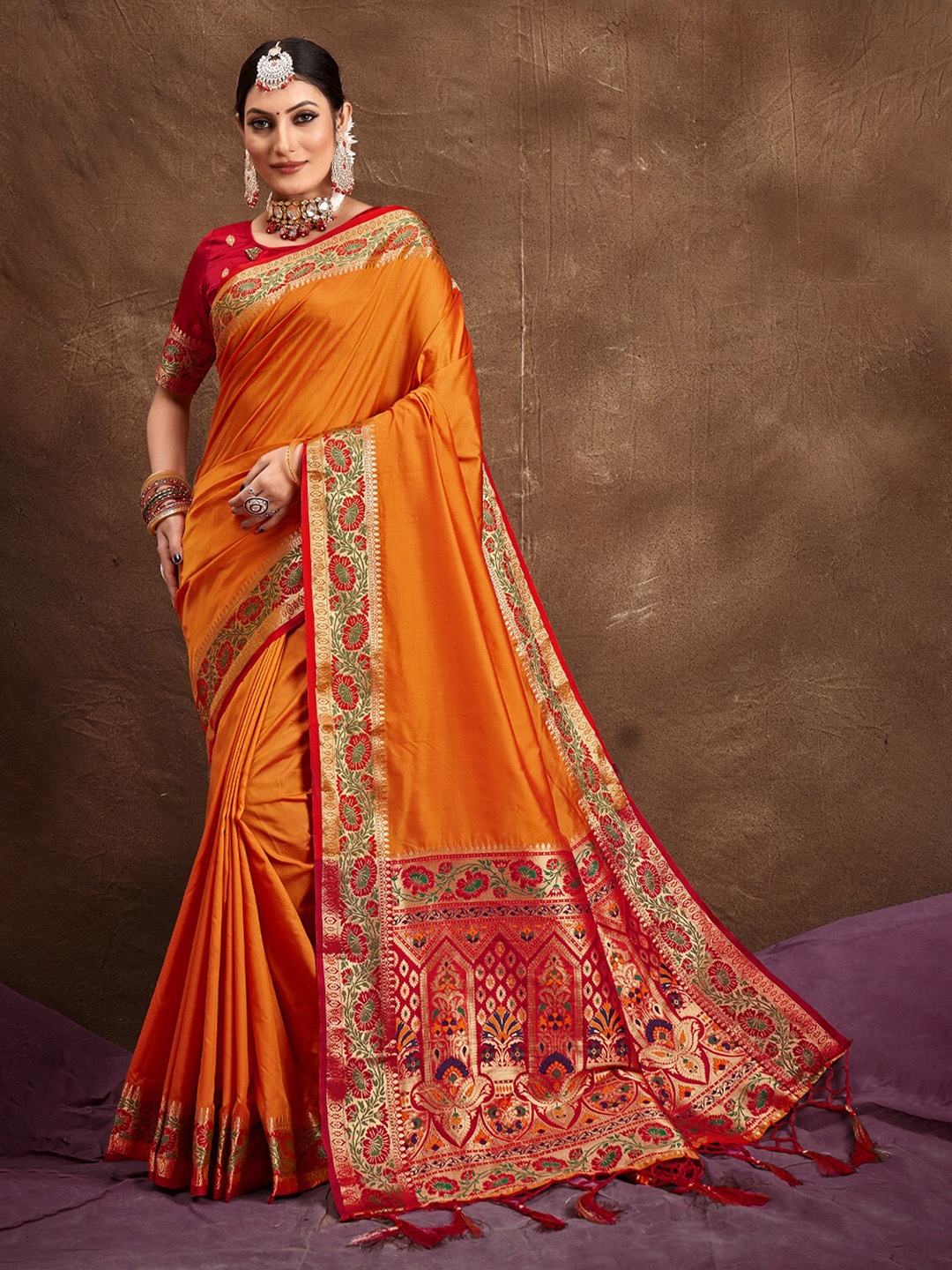 

Exclusiva Ethnic Motif Woven Design Zari Banarasi Saree, Orange