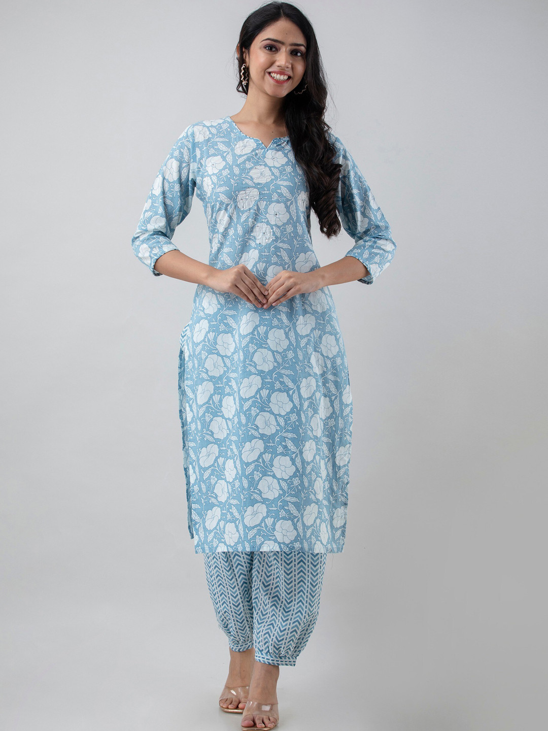 

Readiprint Fashions Floral Printed Notched Neck Sequinned Pure Cotton Kurta With Trousers, Blue