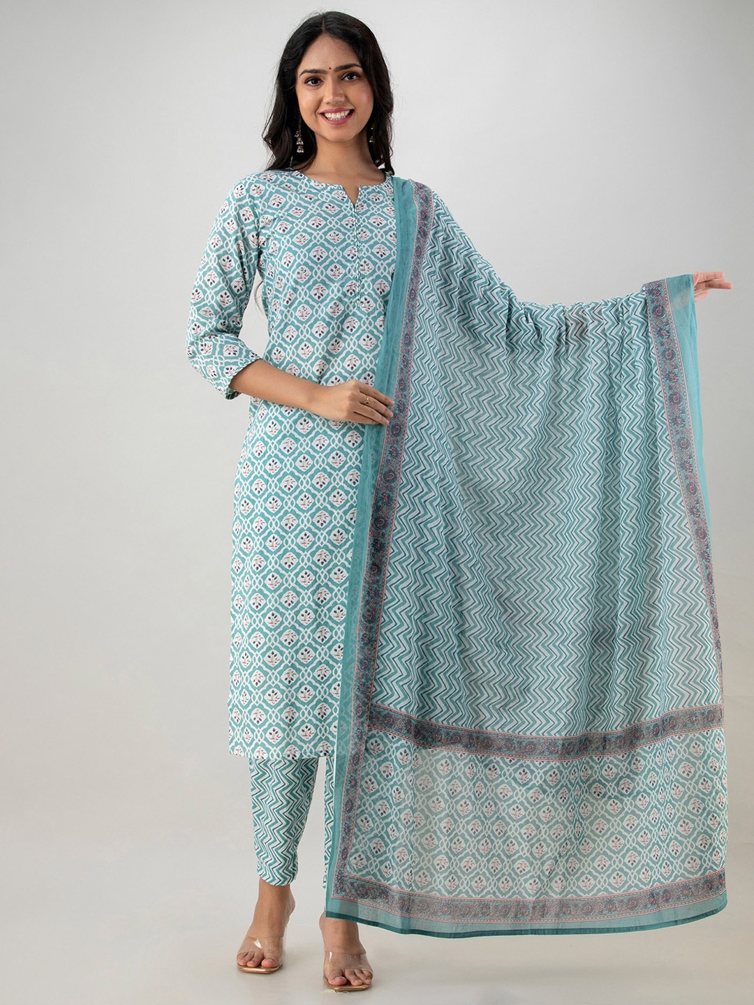 

Readiprint Fashions Notched Neck Sequinned Pure Cotton Kurta With Trousers & Dupatta, Turquoise blue