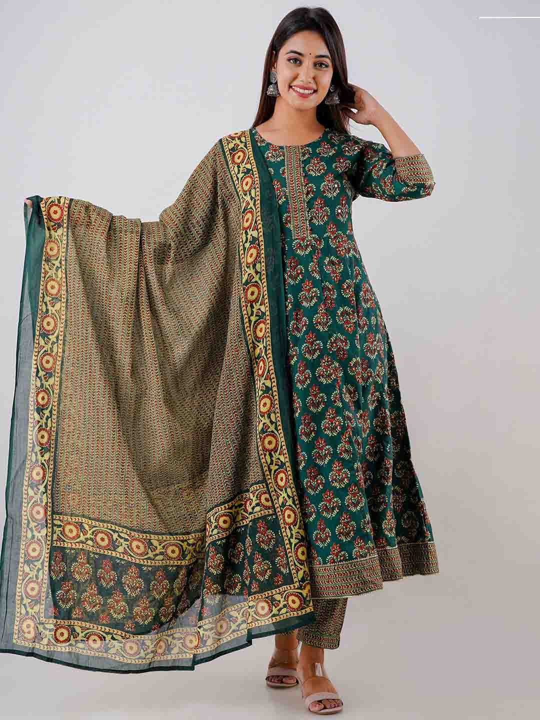 

Readiprint Fashions Printed Mirror Work Anarkali Pure Cotton Kurta With Trousers & Dupatta, Green