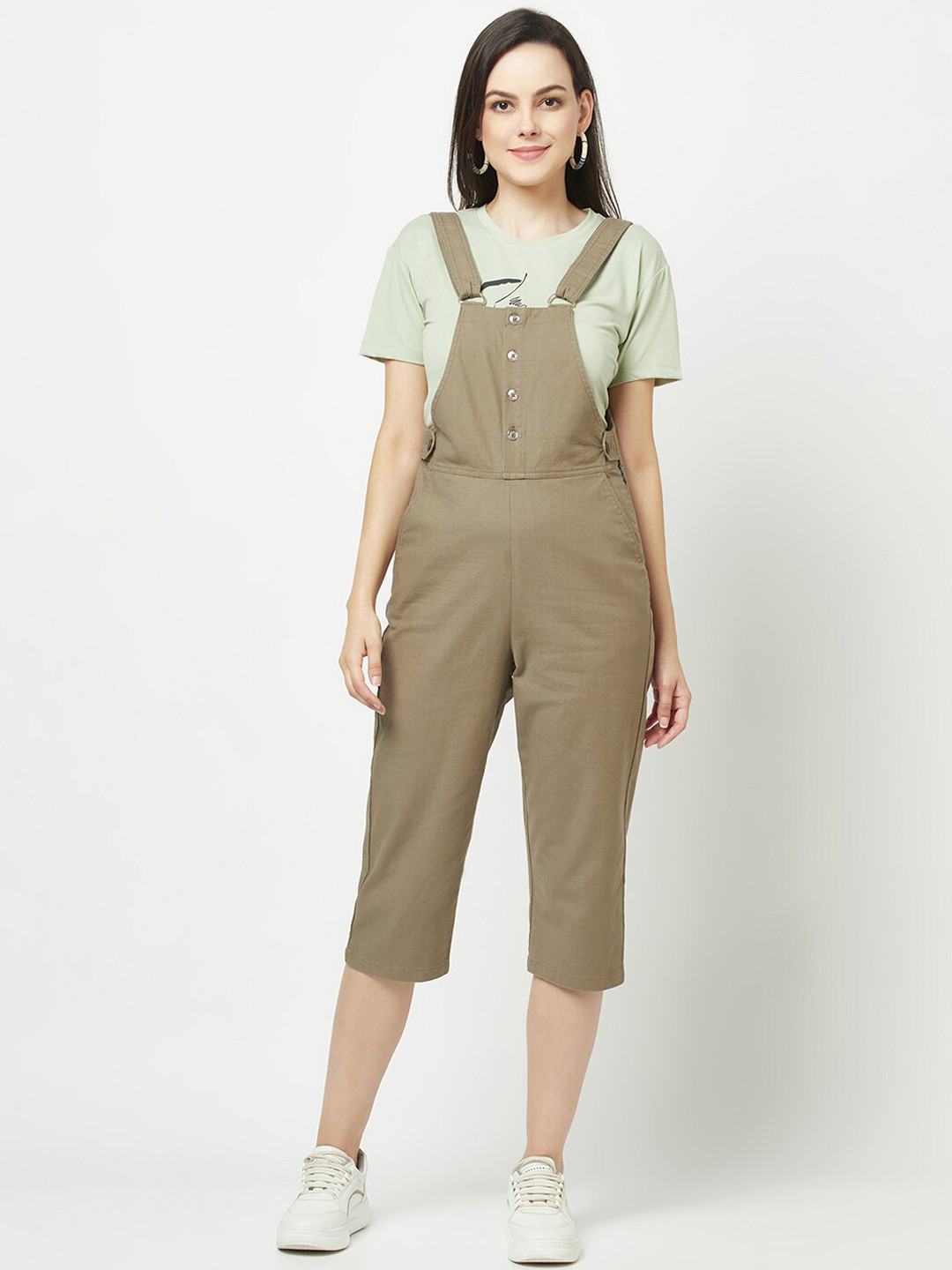 

Crimsoune Club Women Pure Cotton Slim-Fit Knee-Length Dungaree, Olive