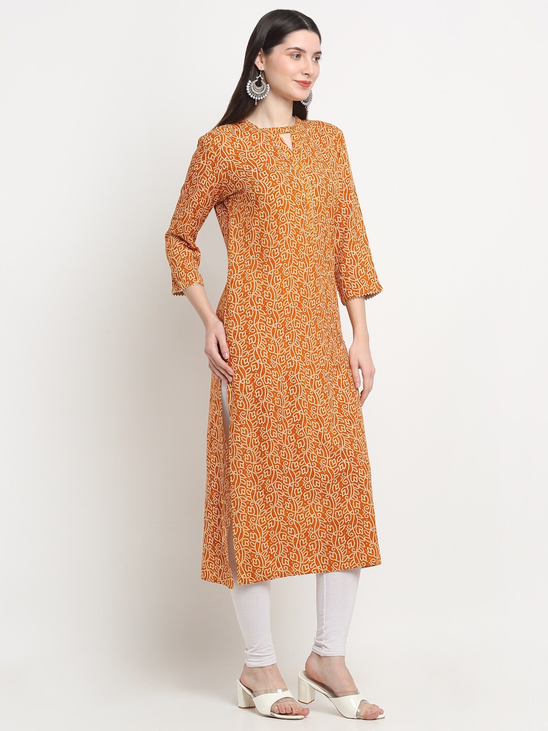 

KALINI Ethnic Motifs Printed Keyhole Neck Kurta, Mustard