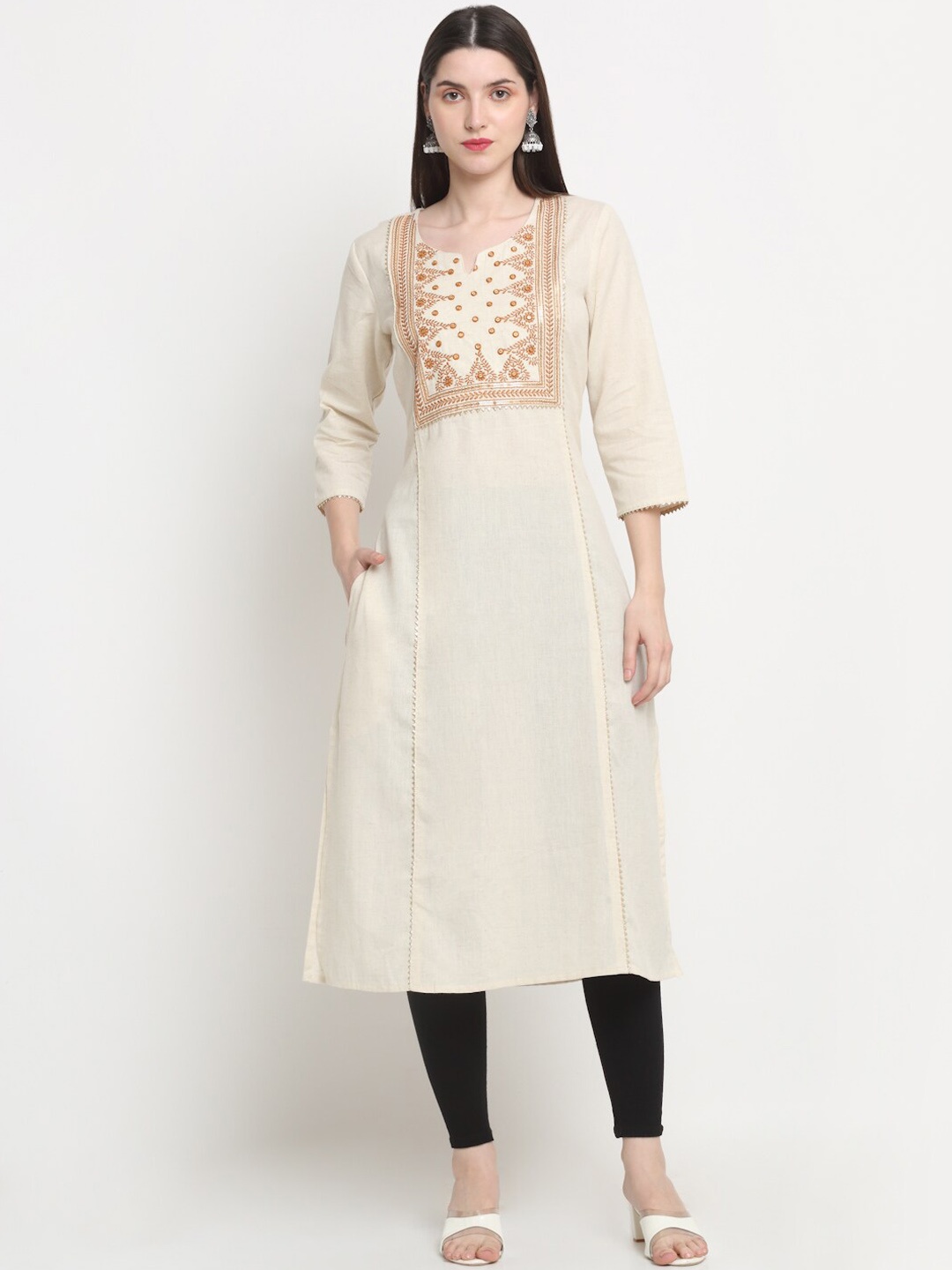 

KALINI Yoke Design Thread Work Cotton Straight Kurta, Off white