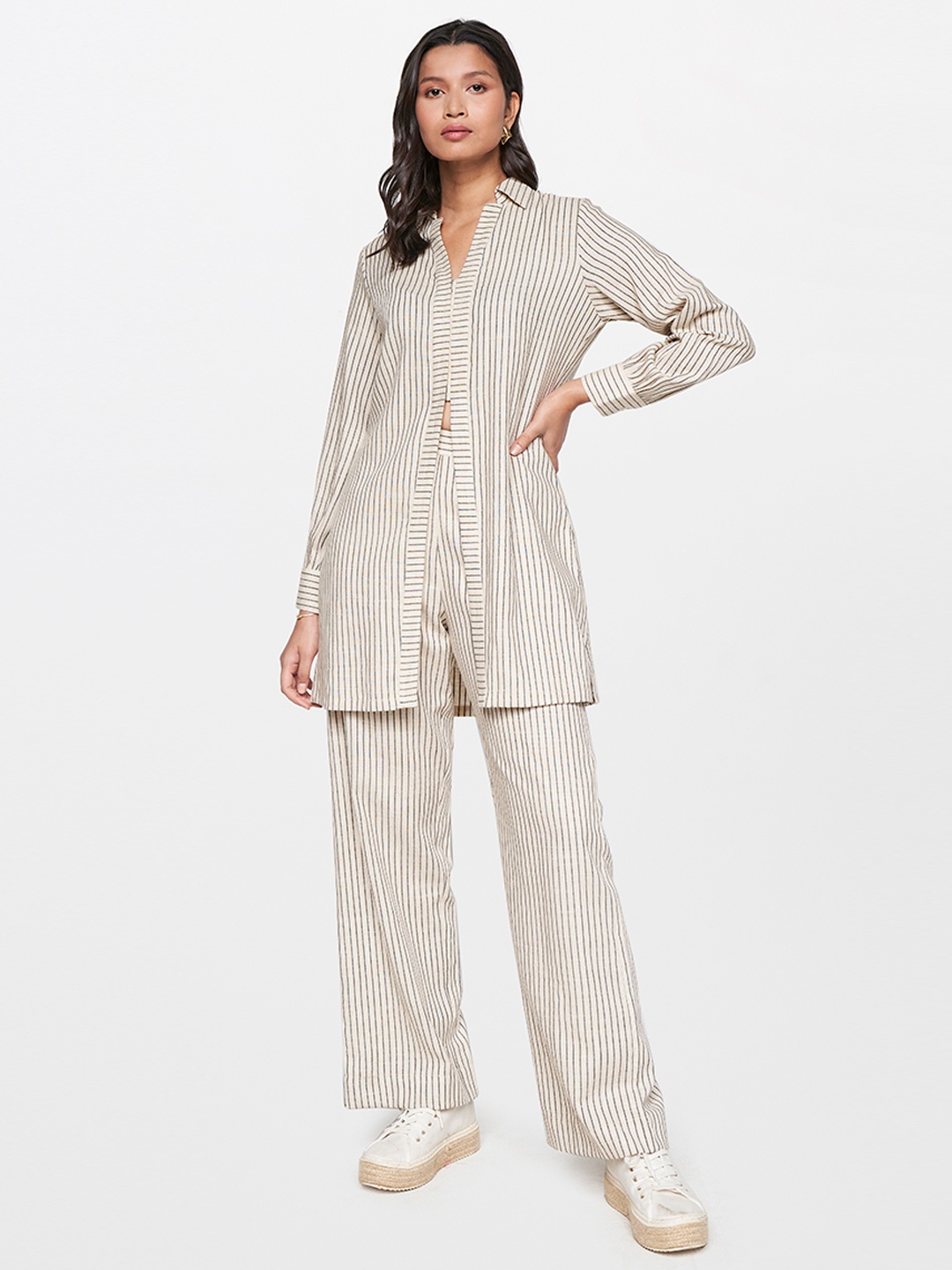 

AND Striped Longline Shirt With Trousers, Cream