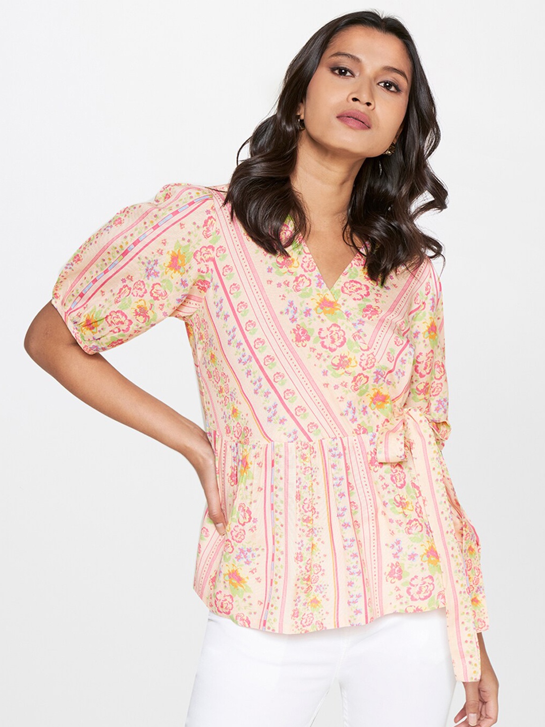 

AND Floral Printed Puff Sleeves Linen Wrap Top, Peach