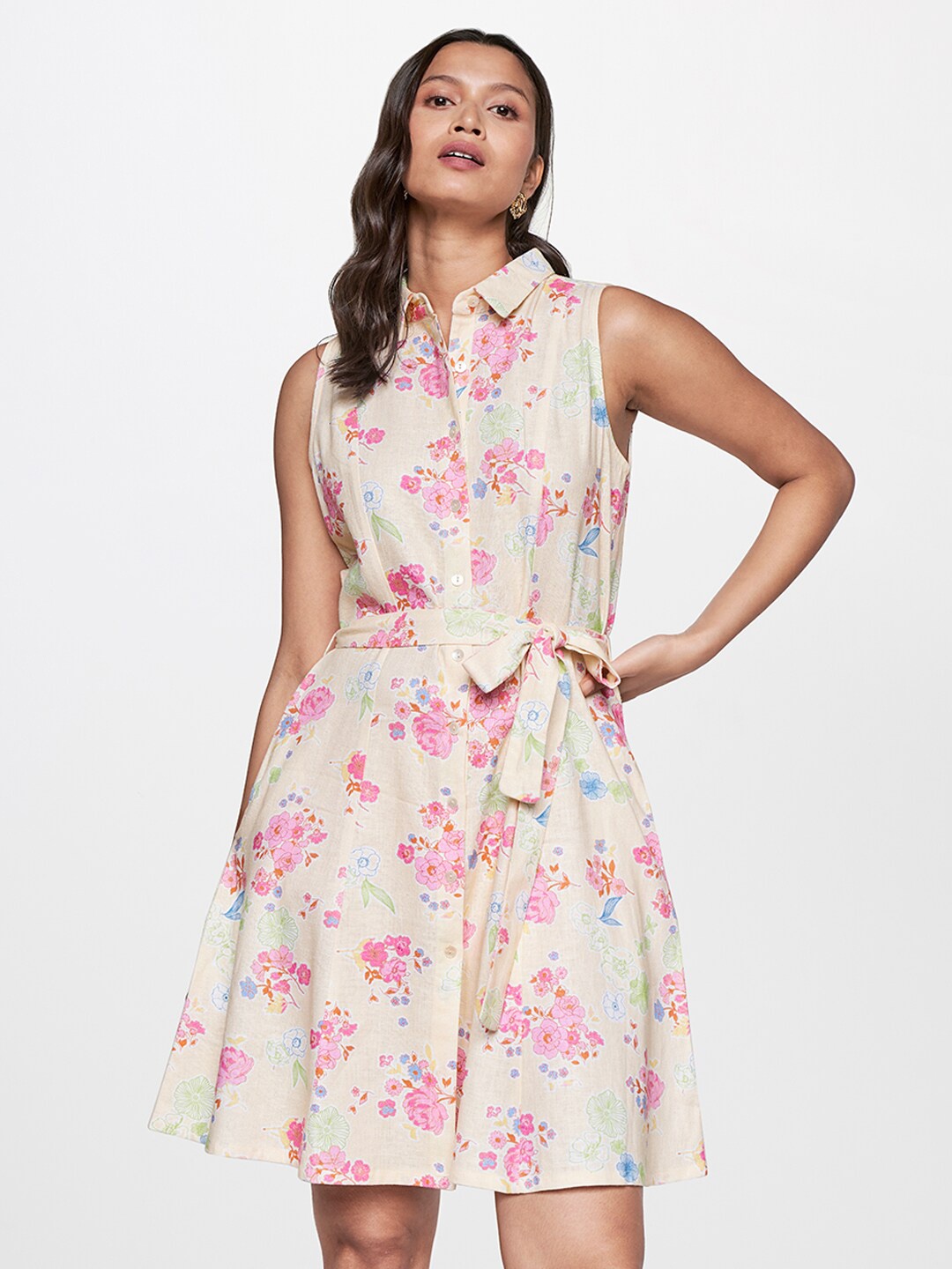 

AND Sleeveless Floral Printed Belted Shirt Dress, Beige