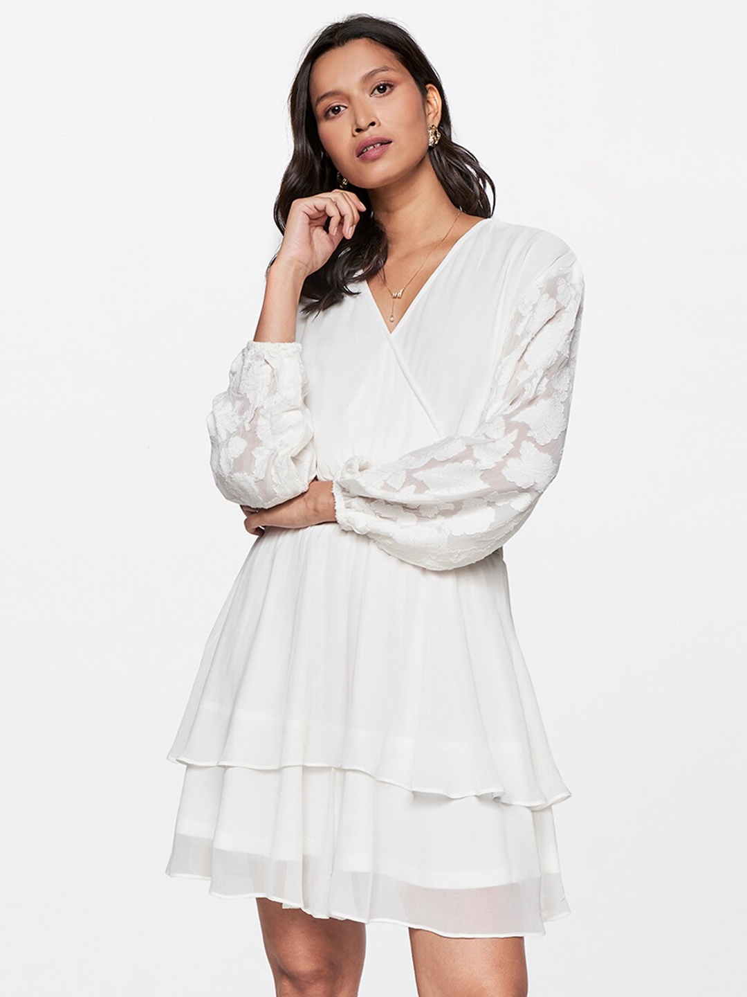 

AND Smocked Layered Puff Sleeve Fit & Flare Dress, White