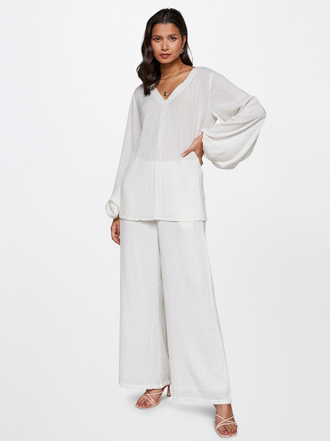 

AND Self Design V-Neck Puff Sleeves Top With Trousers Co-Ords, White
