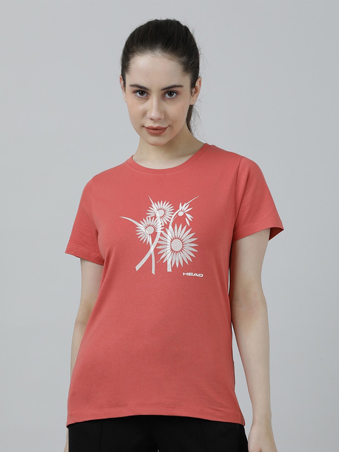 

Head Women Floral Printed Slim Fit Cotton T-shirt, Rust