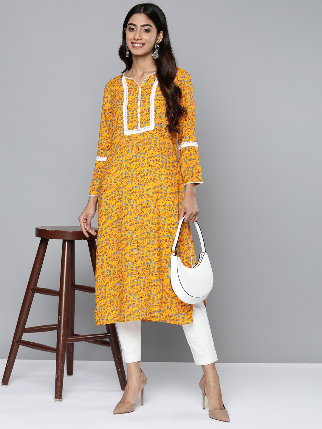 

HERE&NOW Floral Printed Kurta, Yellow