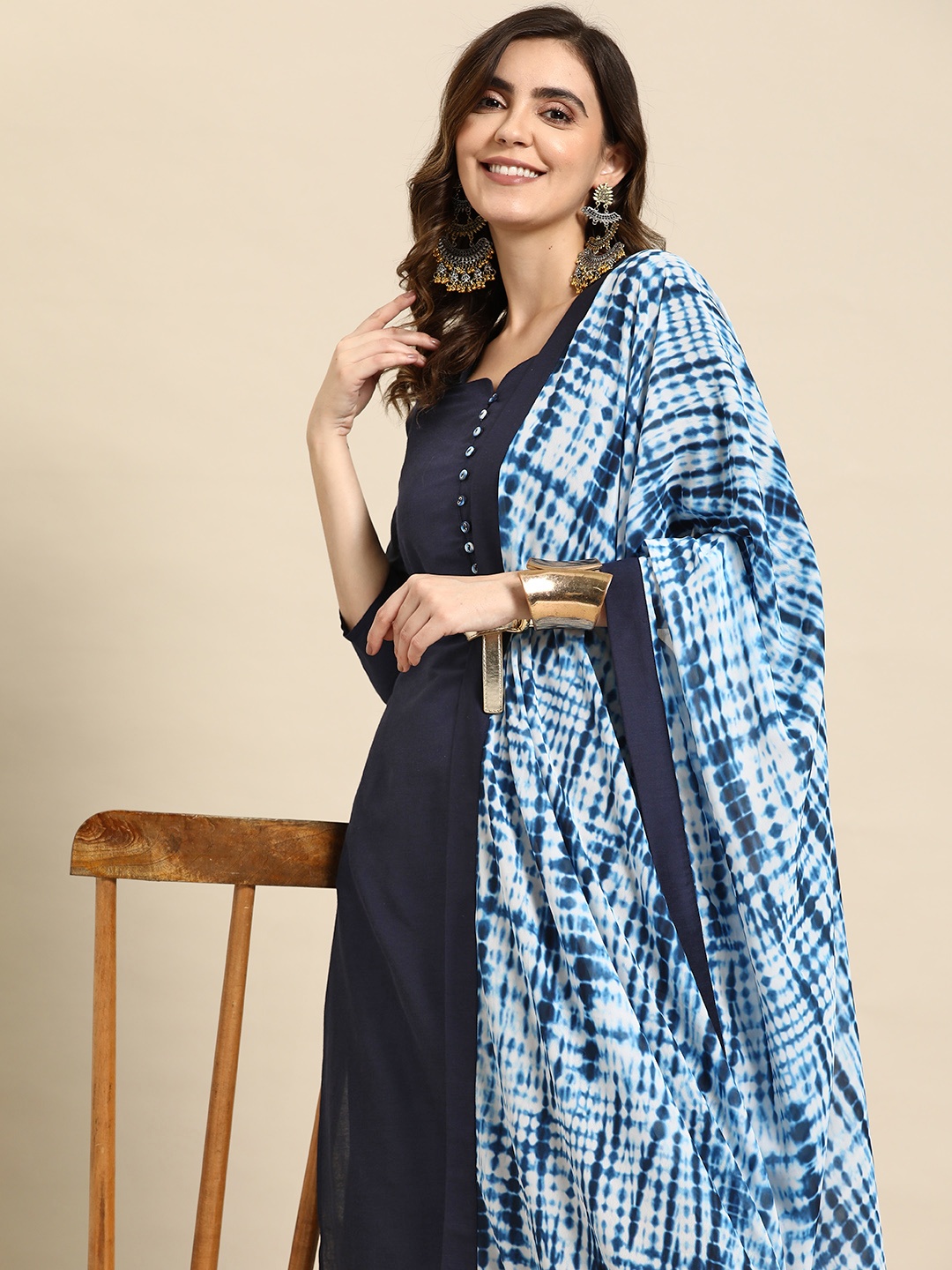 

Sangria Women Navy Blue Regular Kurta with Palazzos & With Dupatta