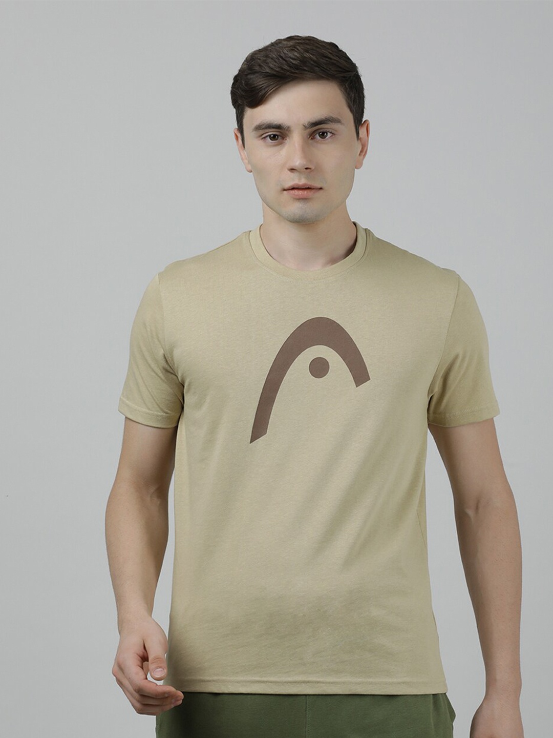 

Head Graphic Printed Round Neck Cotton Slim Fit T-shirt, Khaki