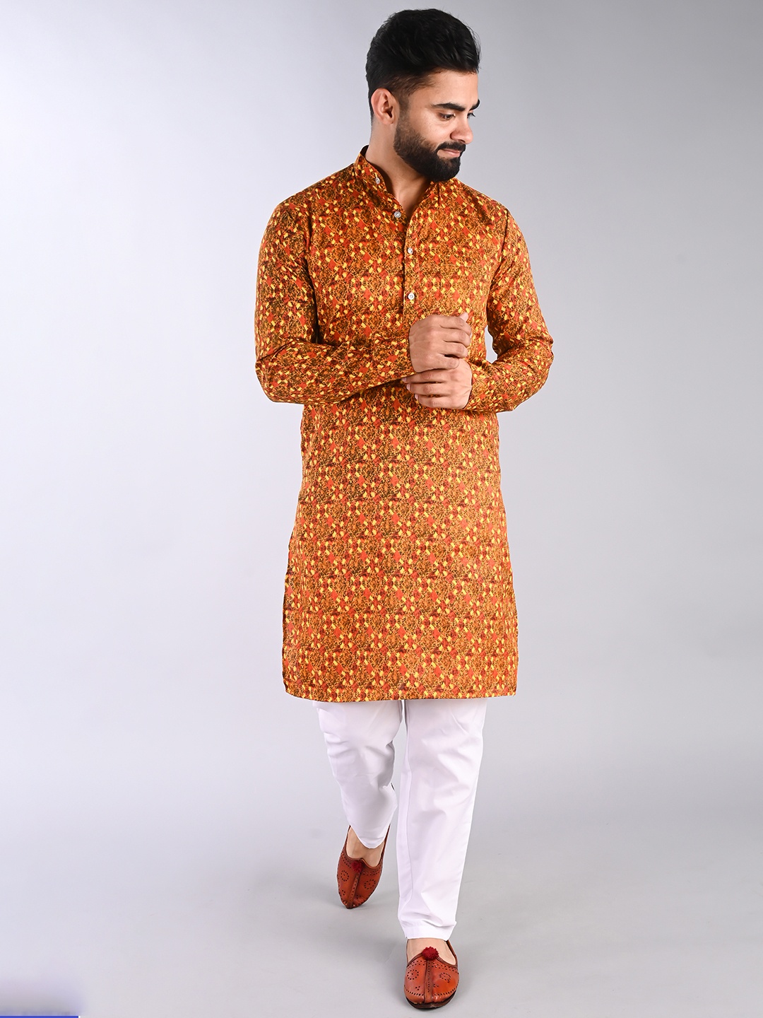 

FUBAR Ethnic Motif Printed Mandarin Collar Cotton Kurta, Orange