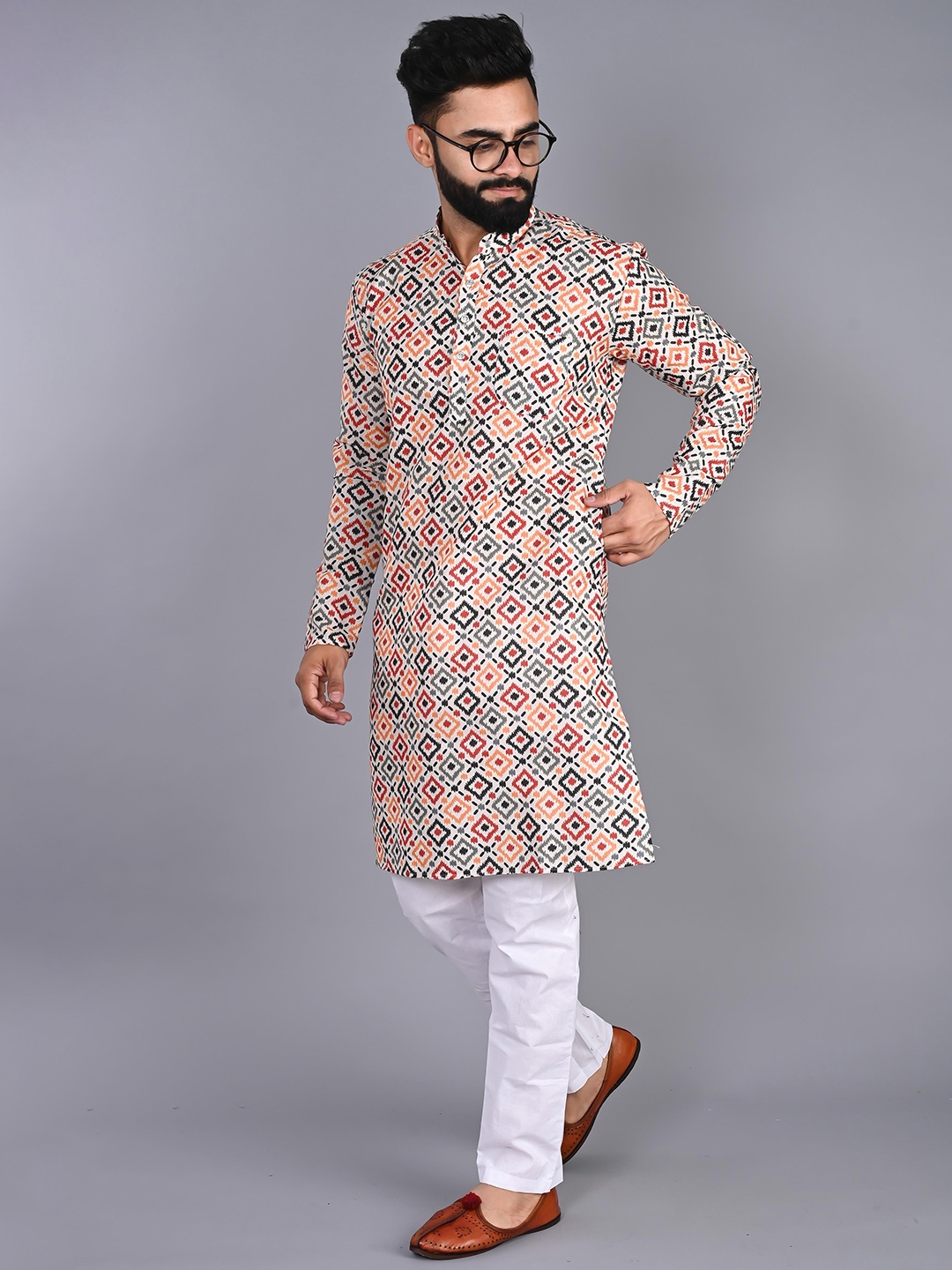 

FUBAR Ethnic Motif Printed Mandarin Collar Cotton Kurta, Beige