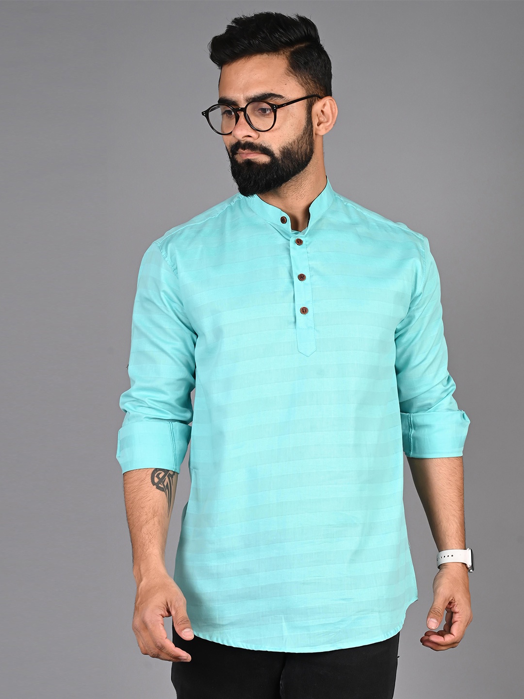 

FUBAR Striped Band Collar Long Sleeves Cotton Shirt, Turquoise blue