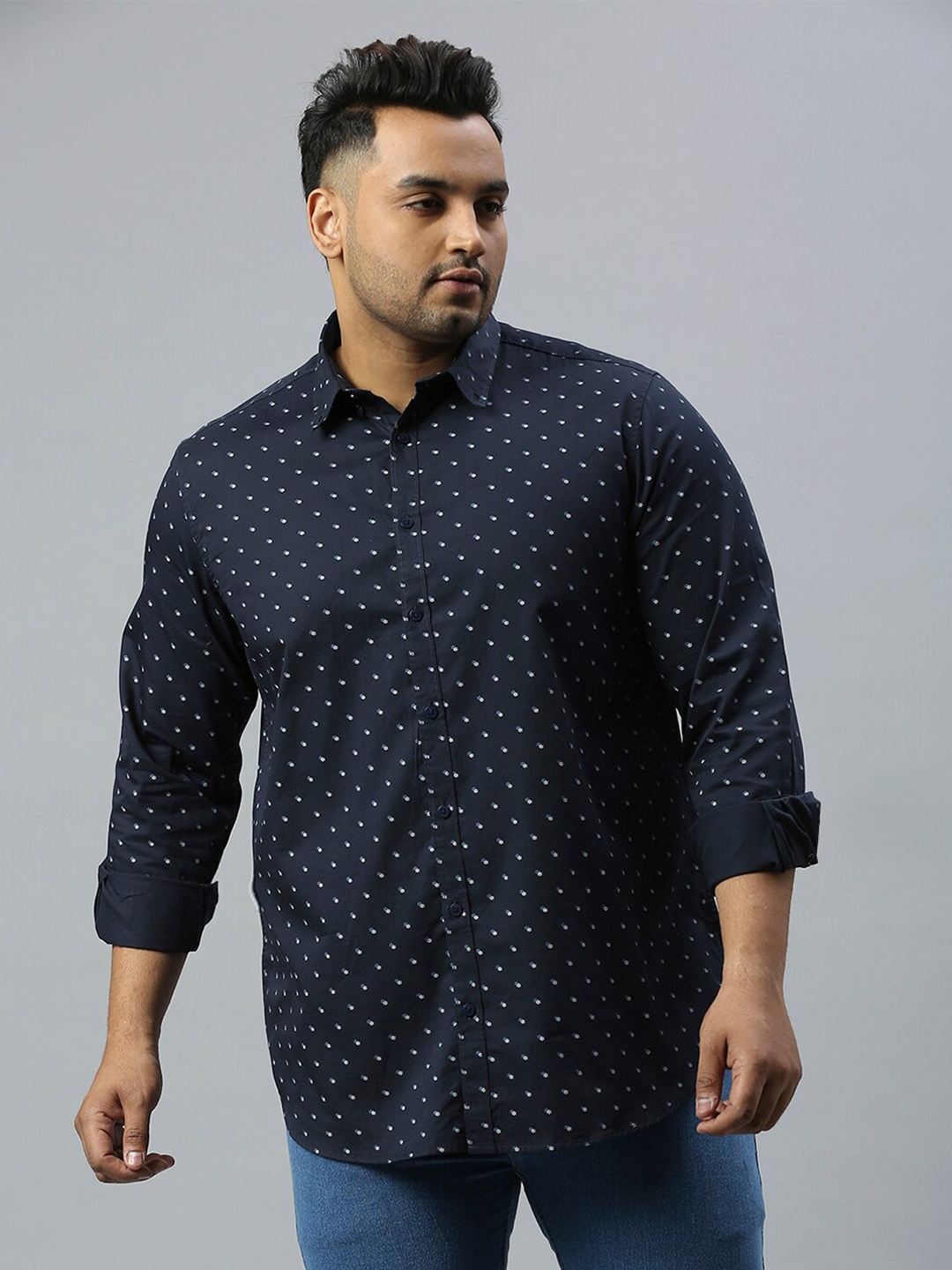 

Sztori Plus Size Classic Micro Ditsy Printed Casual Pure Cotton Shirt, Navy blue
