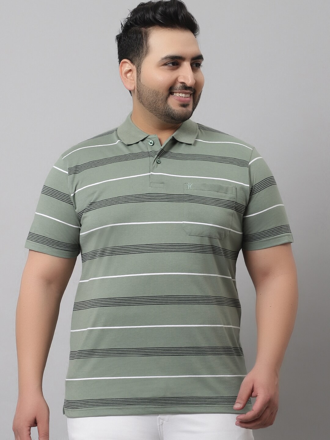 

VENITIAN Plus Size Striped Polo Collar Cotton T-shirt, Green