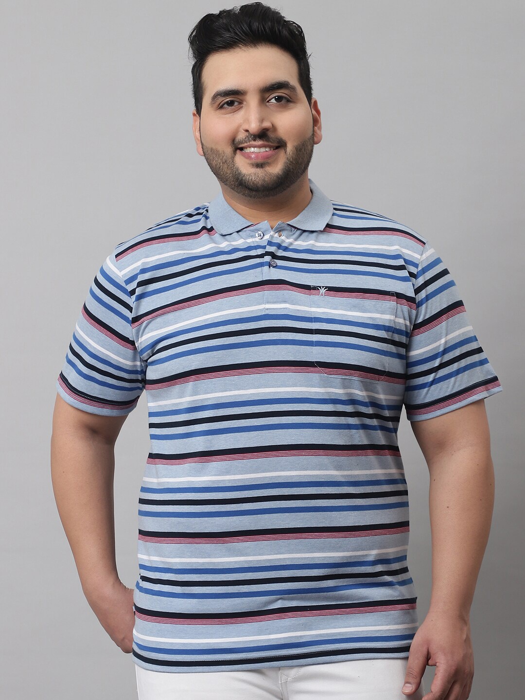 

VENITIAN Plus Size Striped Polo Collar Cotton T-shirt, Blue