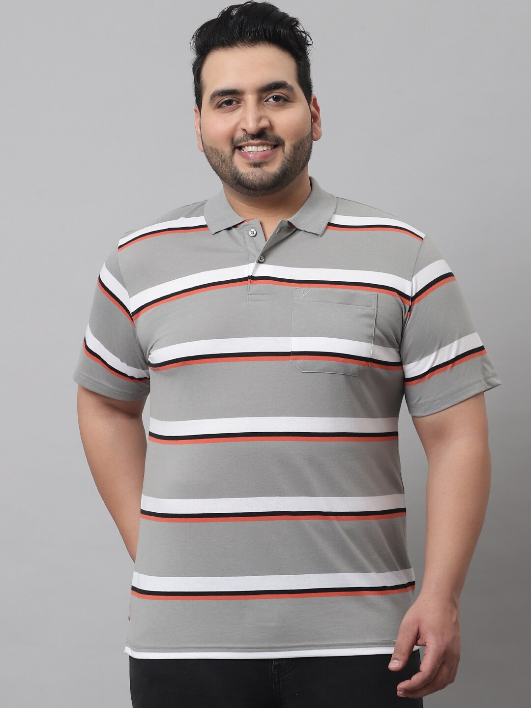 

VENITIAN Plus Size Striped Polo Collar Cotton T-shirt, Grey