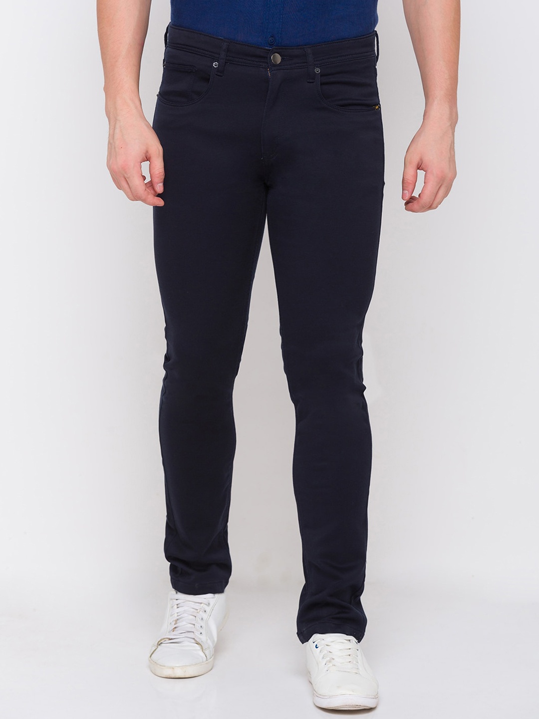 

SPYKAR Men Mid Rise Plain Knitted Cotton Slim Fit Trousers, Navy blue