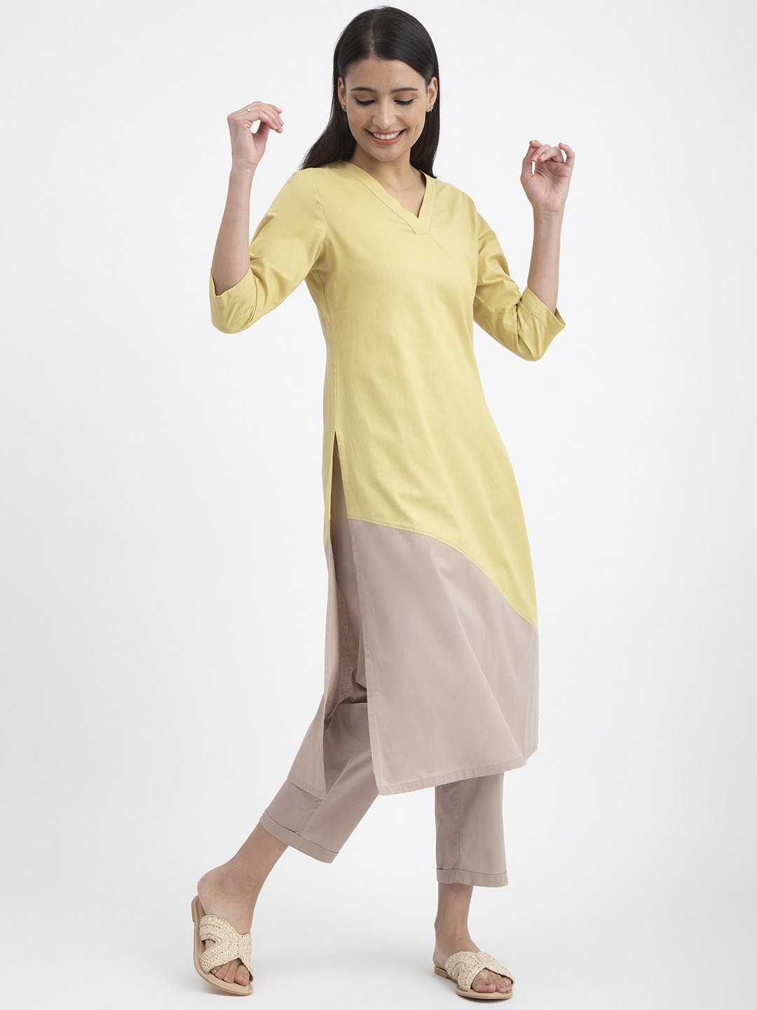 

Pink Fort Colourblocked V Neck Pure Cotton A-Line Kurta With Trousers, Yellow