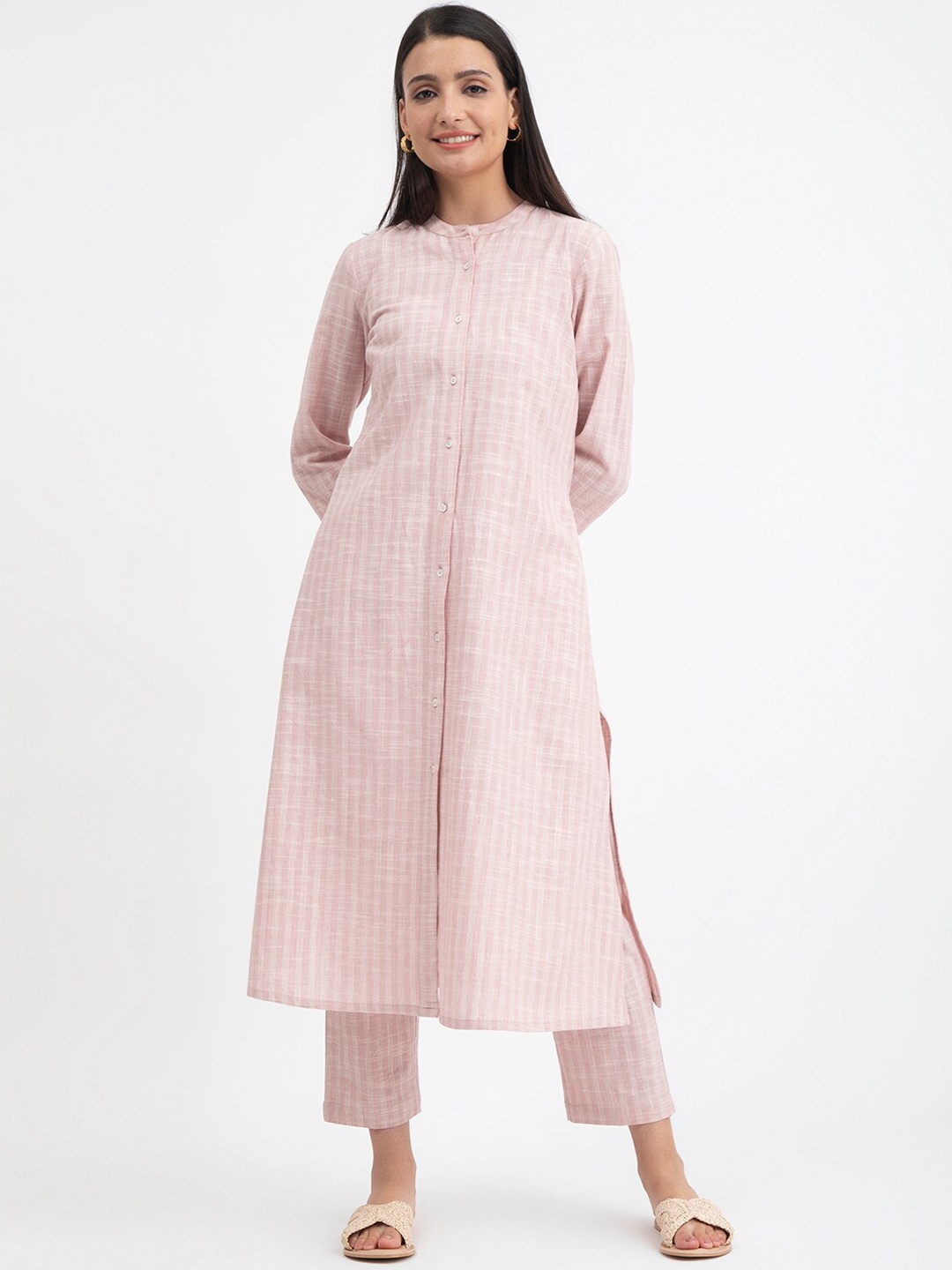 

Pink Fort Checked Mandarin Collar Pure Cotton A-Line Kurta With Trousers