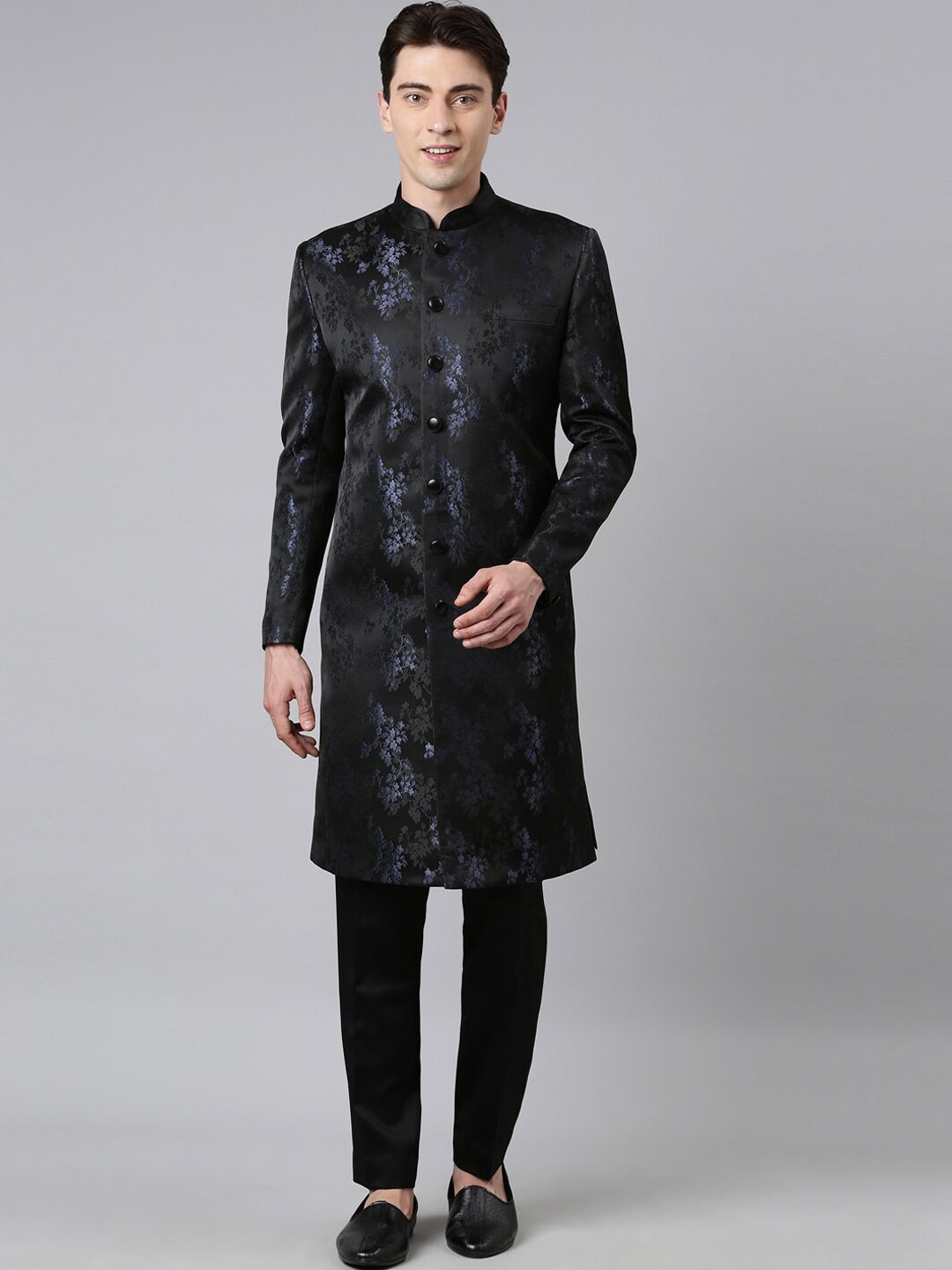 

TheEthnic.Co Men Jacquard Sherwani Set, Black