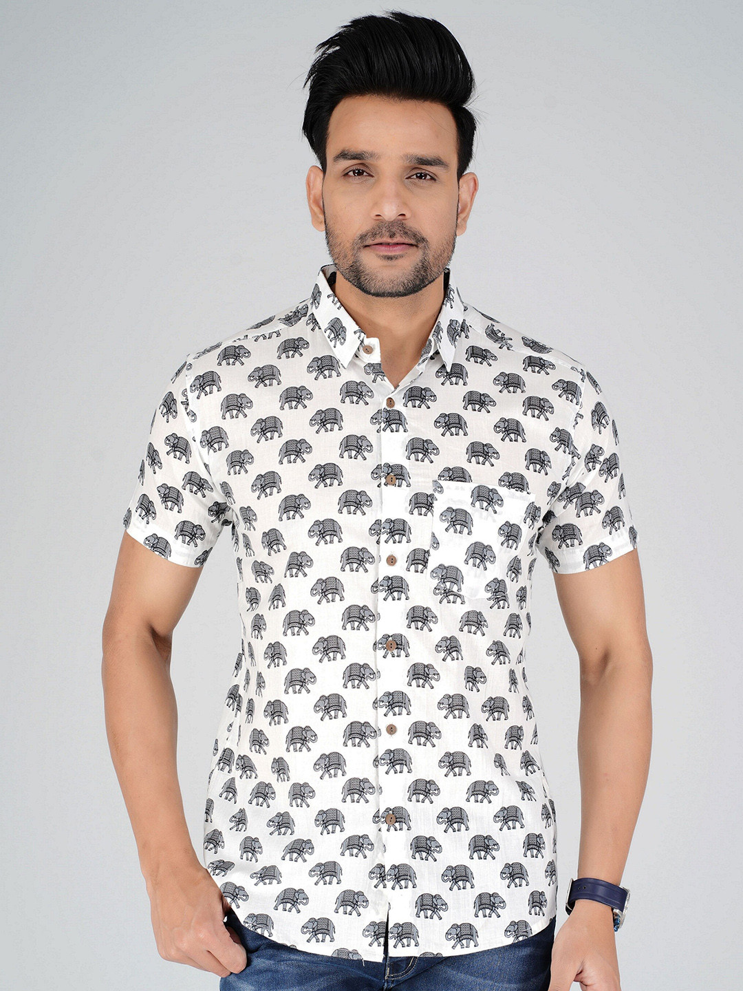 

JAIPURI COLLECTION Standard Conversational Printed Cotton Casual Shirt, Off white
