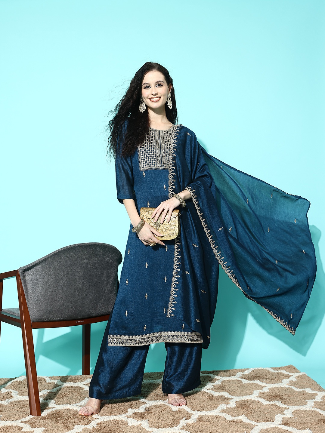 

Kvsfab Women Blue Floral Embroidered Regular Sequinned Kurta with Palazzos & With Dupatta