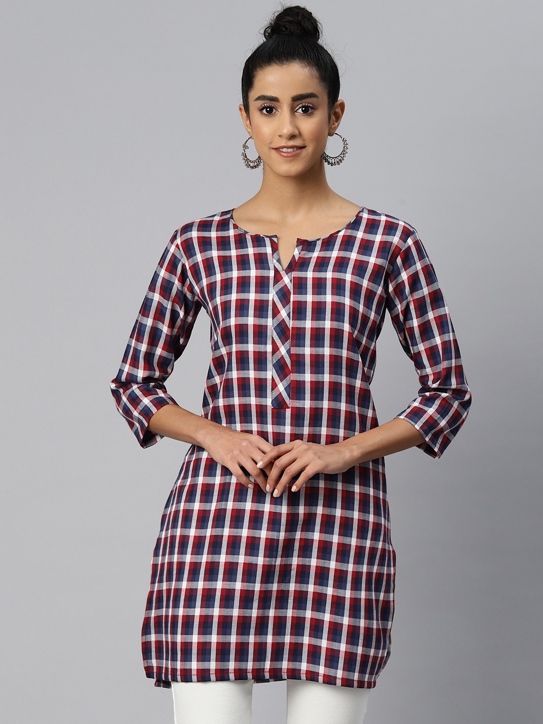 

One Femme Checked Pure Cotton Kurti, Blue