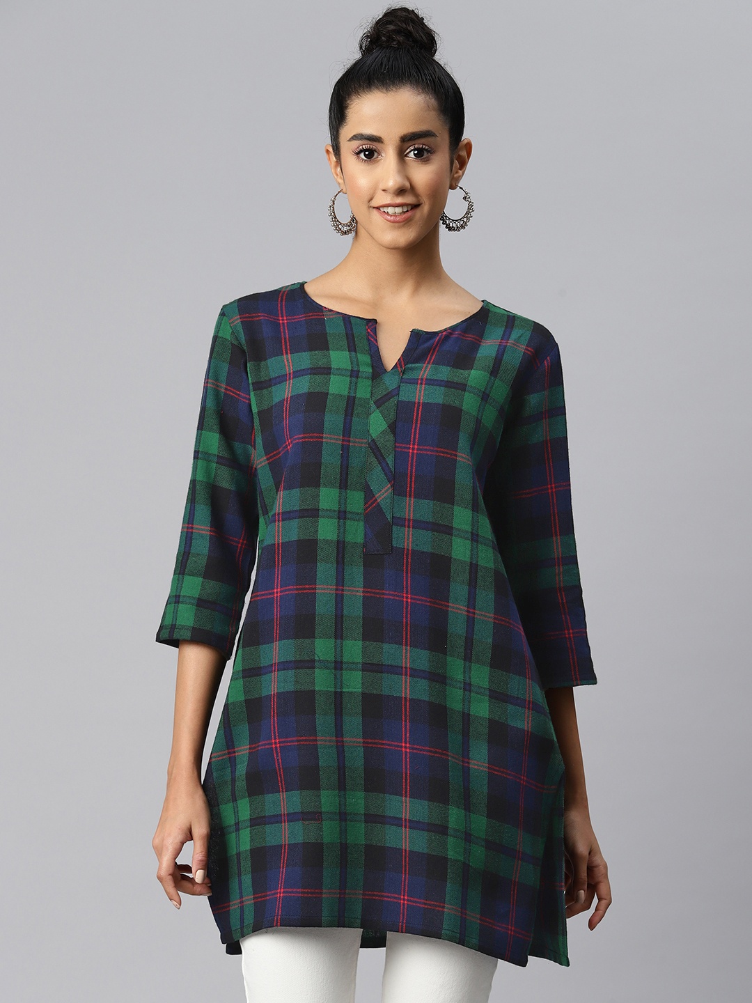 

One Femme Checked Pure Cotton Kurti, Green
